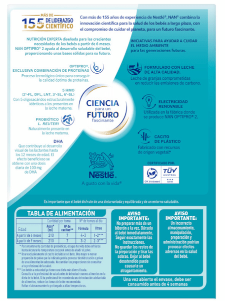 Detalle 2 de Nestlé NAN Optipro 2 Leche de Continuación 4x1200 g: nutrición avanzada para bebés a partir de 6 meses