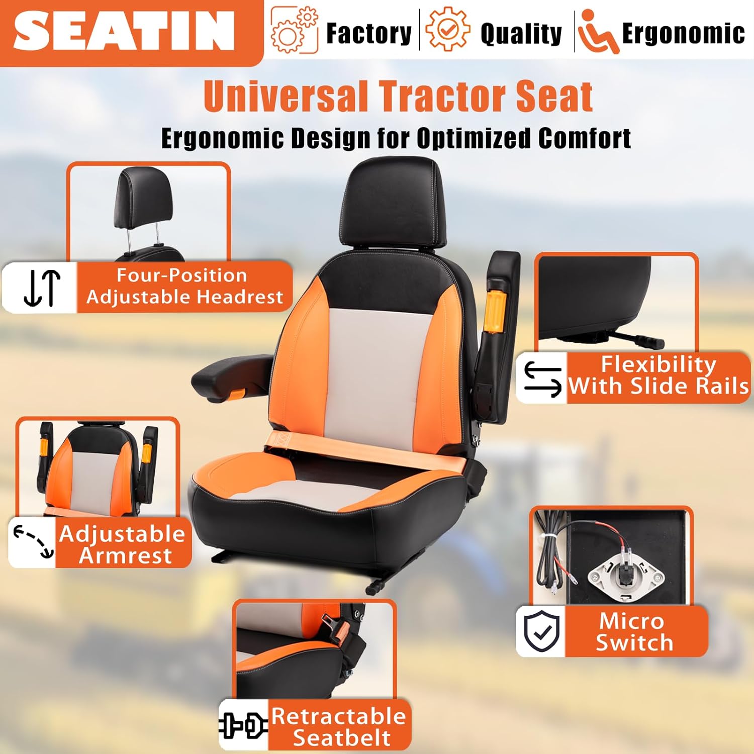 Thumbnail 2 de SEATIN Universal Tractor Seat: Comfortable Zero Turn Mower Seat with Adjustable Safety Belt, Armrest, Backrest Micro Switch
