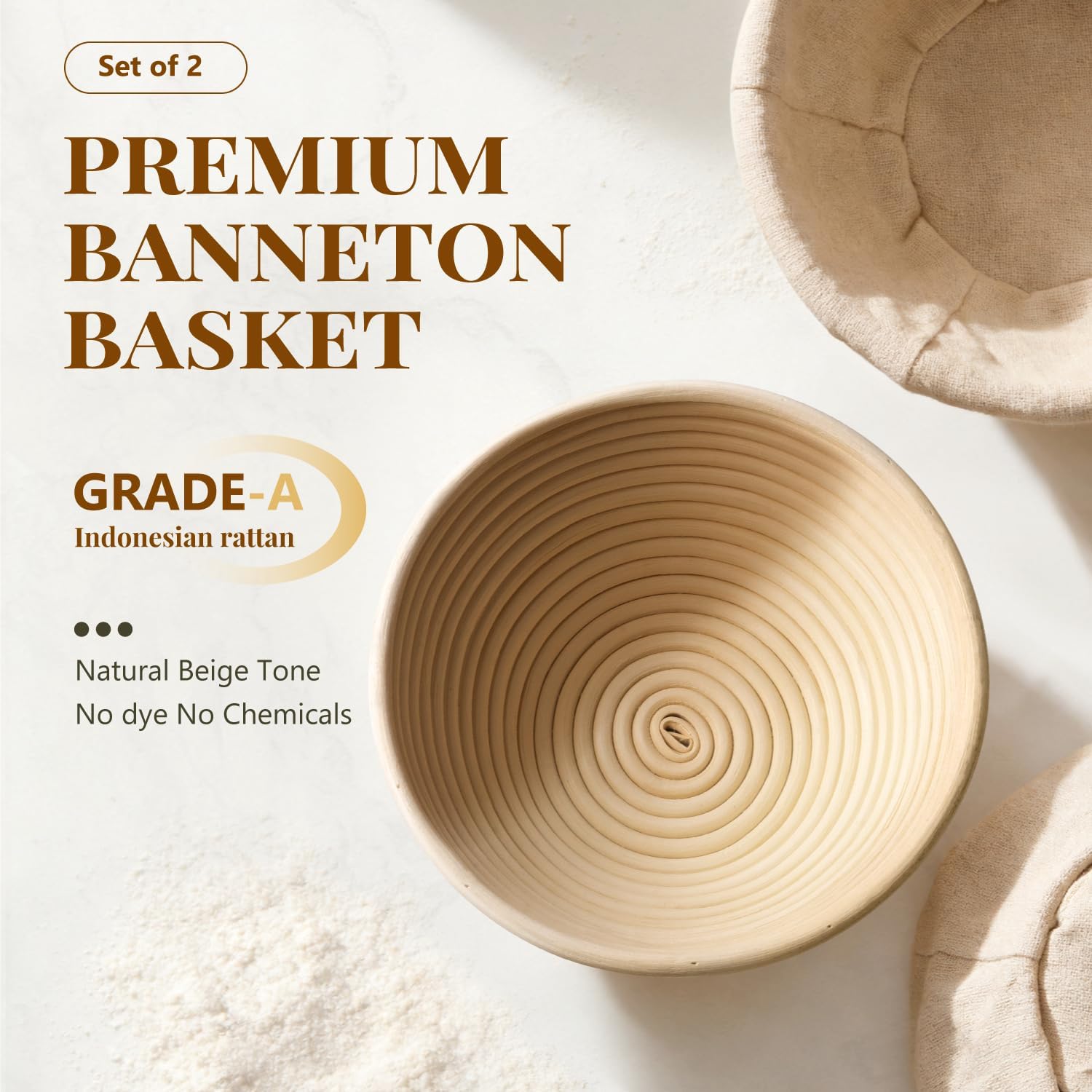 Detalle 2 de BAVIFY Bread Proofing Baskets, 2-Pack 9-Inch Round Natural Rattan Bannetons