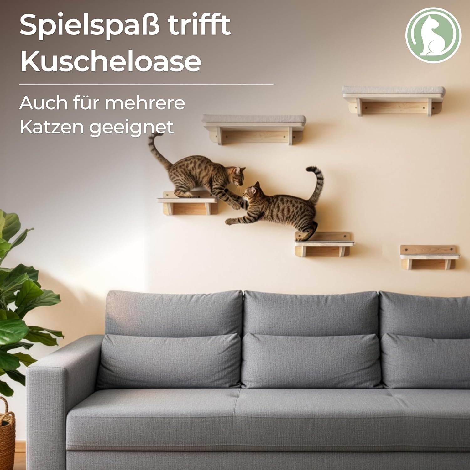 Detalle de WOOWOOD® 2X Kletterwand Katzen – 5-teiliges Set für Wandmontage, stabile Kratzbaum-Wand mit Katzenliege und Treppen (bis 35 kg)