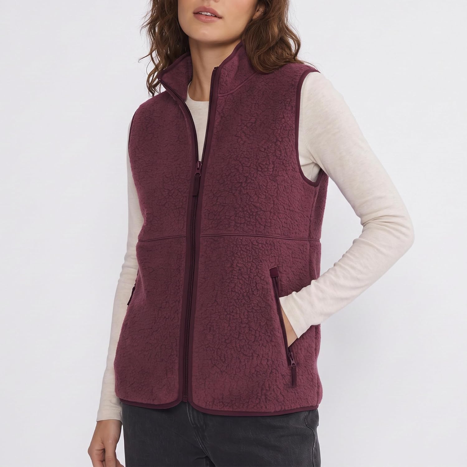Detalle 2 de Hixiaohe Women's Sherpa Fleece Vest, Lightweight Zip-Up with Mock Neck and Pockets