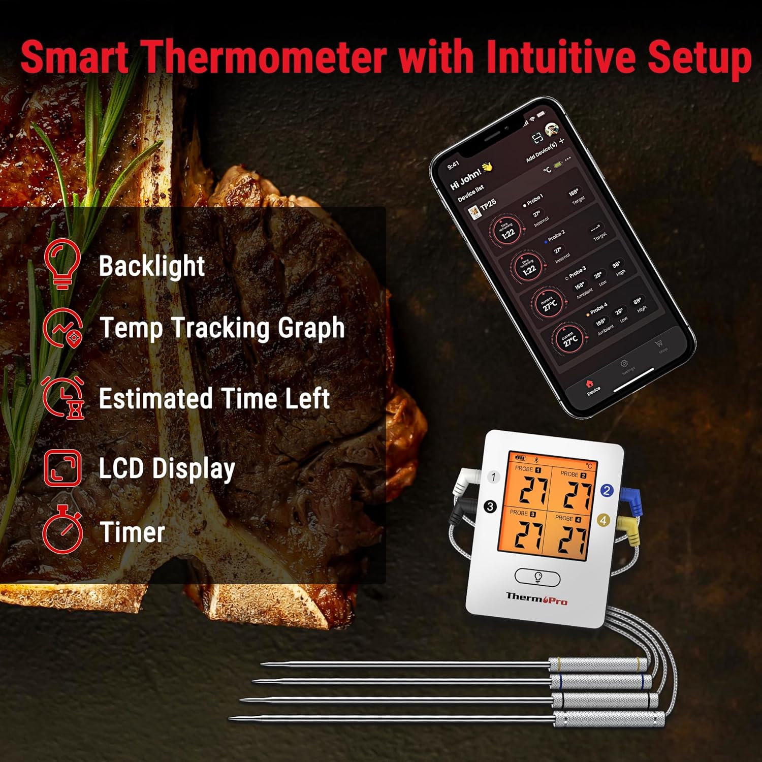Detalle de ThermoPro TP25 Bluetooth meat thermometer with 4 probes