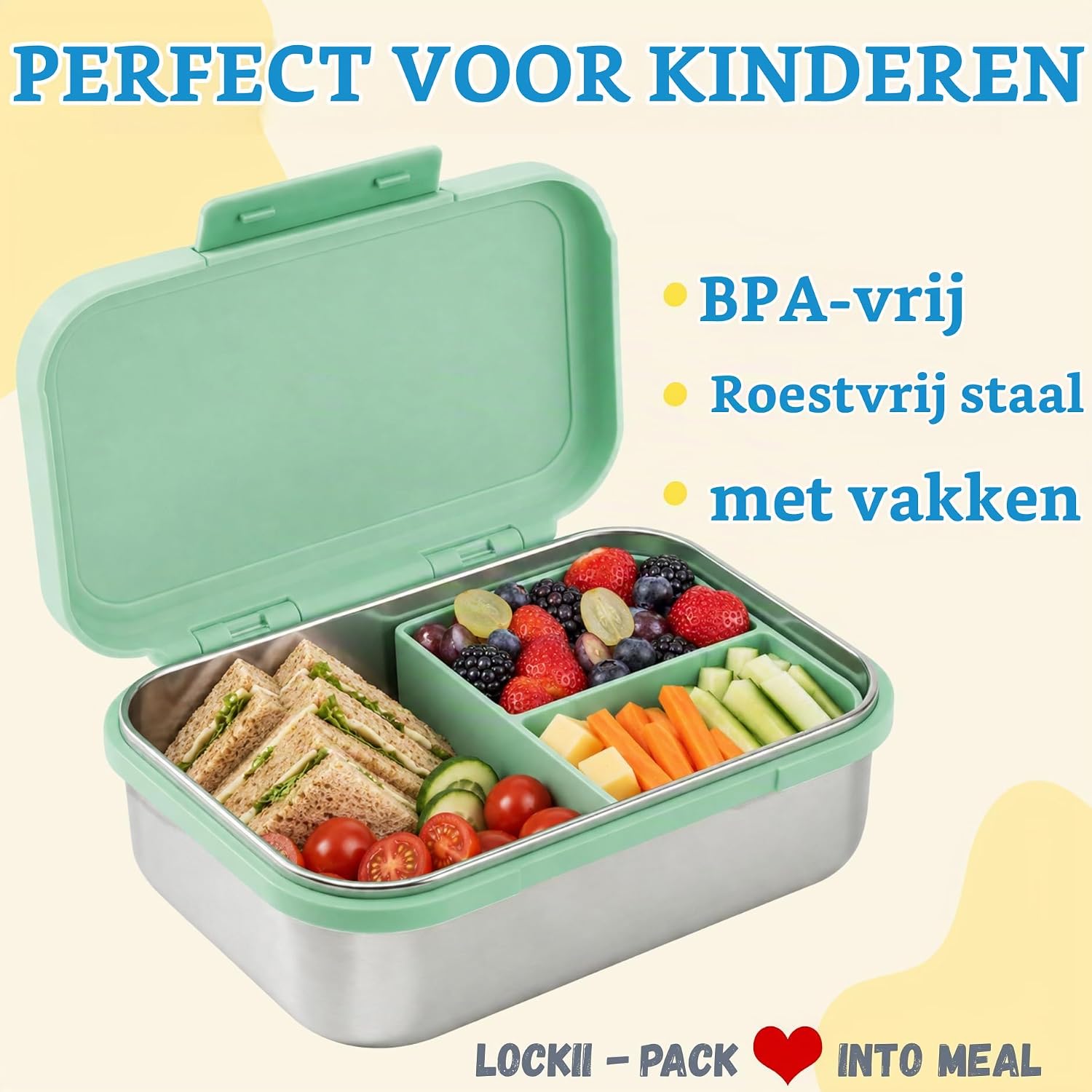 Detalle 2 de LOCKII kinderbroodtrommel 1000 ml van roestvrij staal met snackbox
