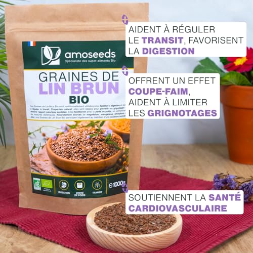 Detalle de Graines de Lin Brun Entières BIO 1kg – Oméga-3, Fibres, Sans Gluten | Amoseeds
