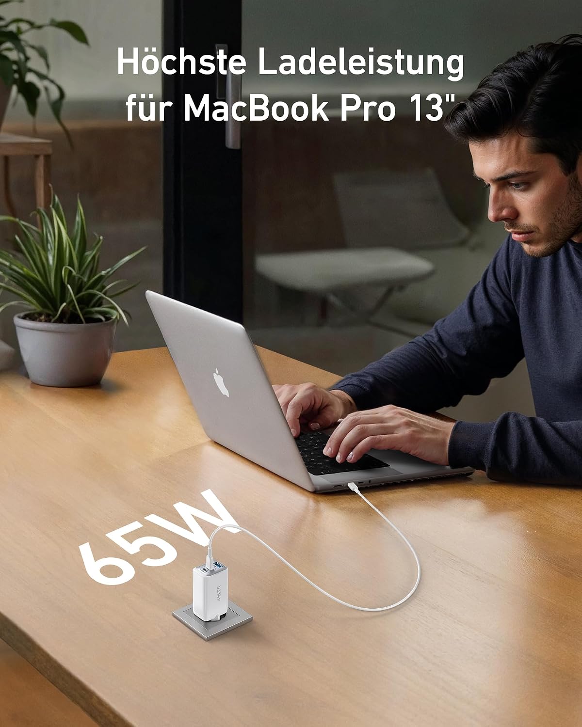 Detalle de Anker Nano II 65W USB C Ladegerät – 3-Port PPS Schnellladegerät, kompakt und zuverlässig
