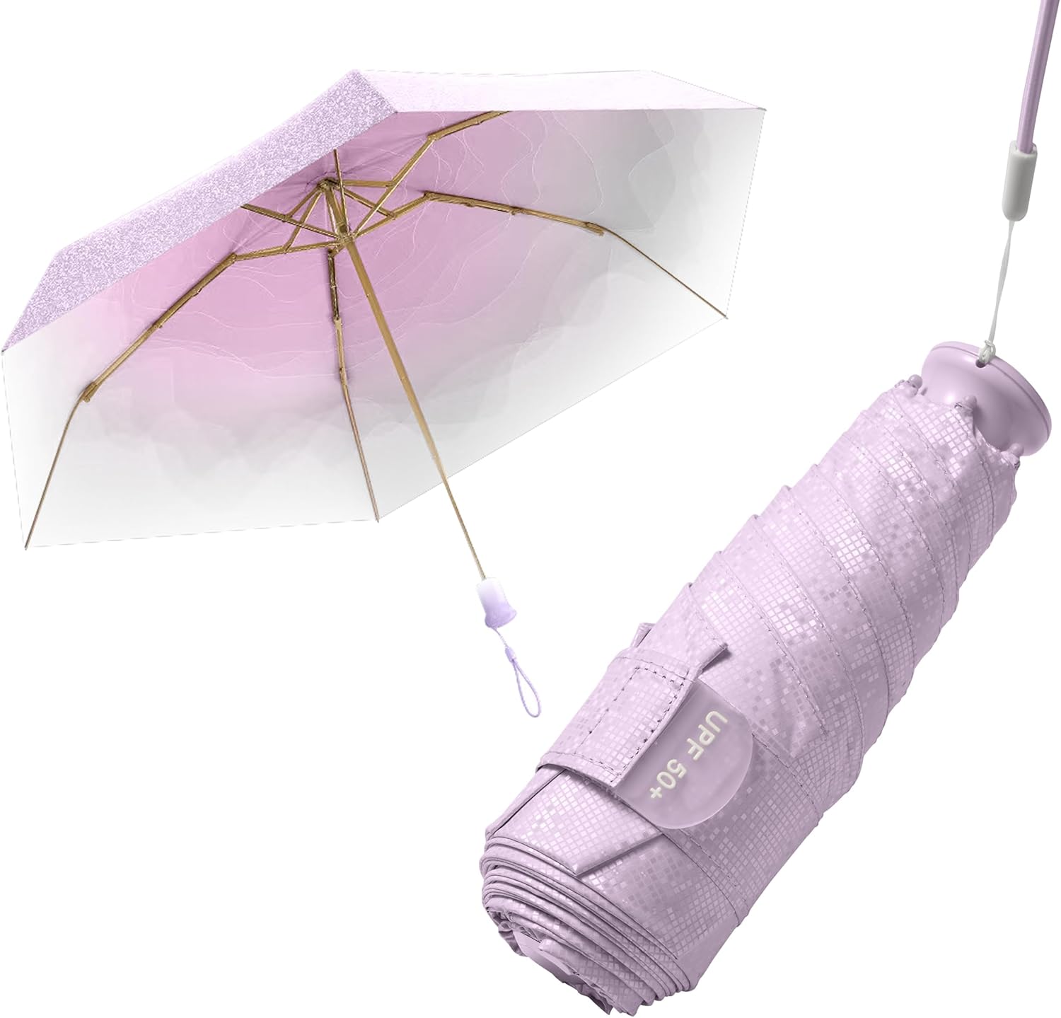 Mini Kompakt Reise Regenschirm mit integriertem Teleskopgriff – ultratragbar, 6 Rippen, UV-Schutz & Glitzer-Optik
