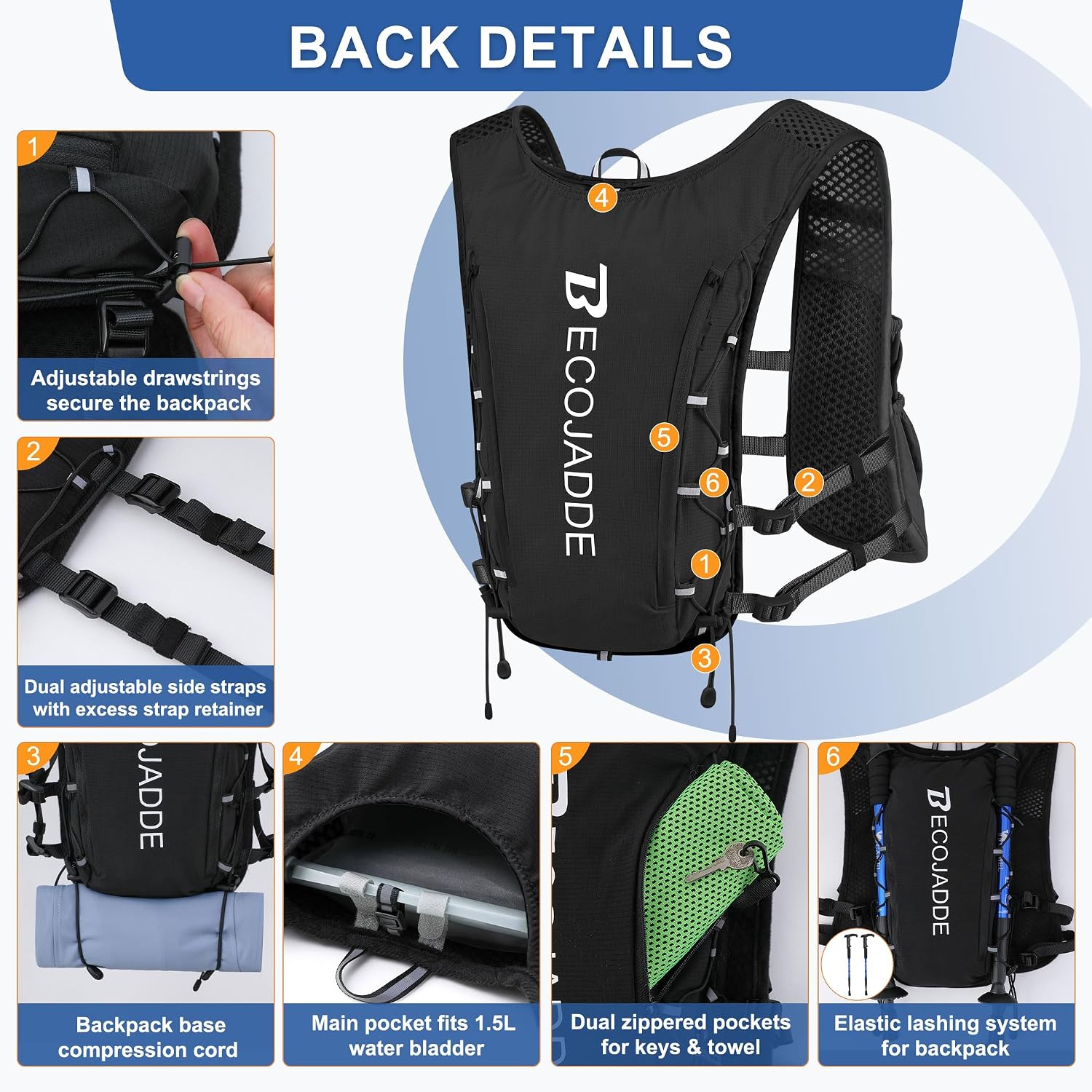 Detalle de Becojadde 5L/6L Hydration Running Vest: Lightweight Water Backpack for Marathon, Trail, Cycling & Hiking