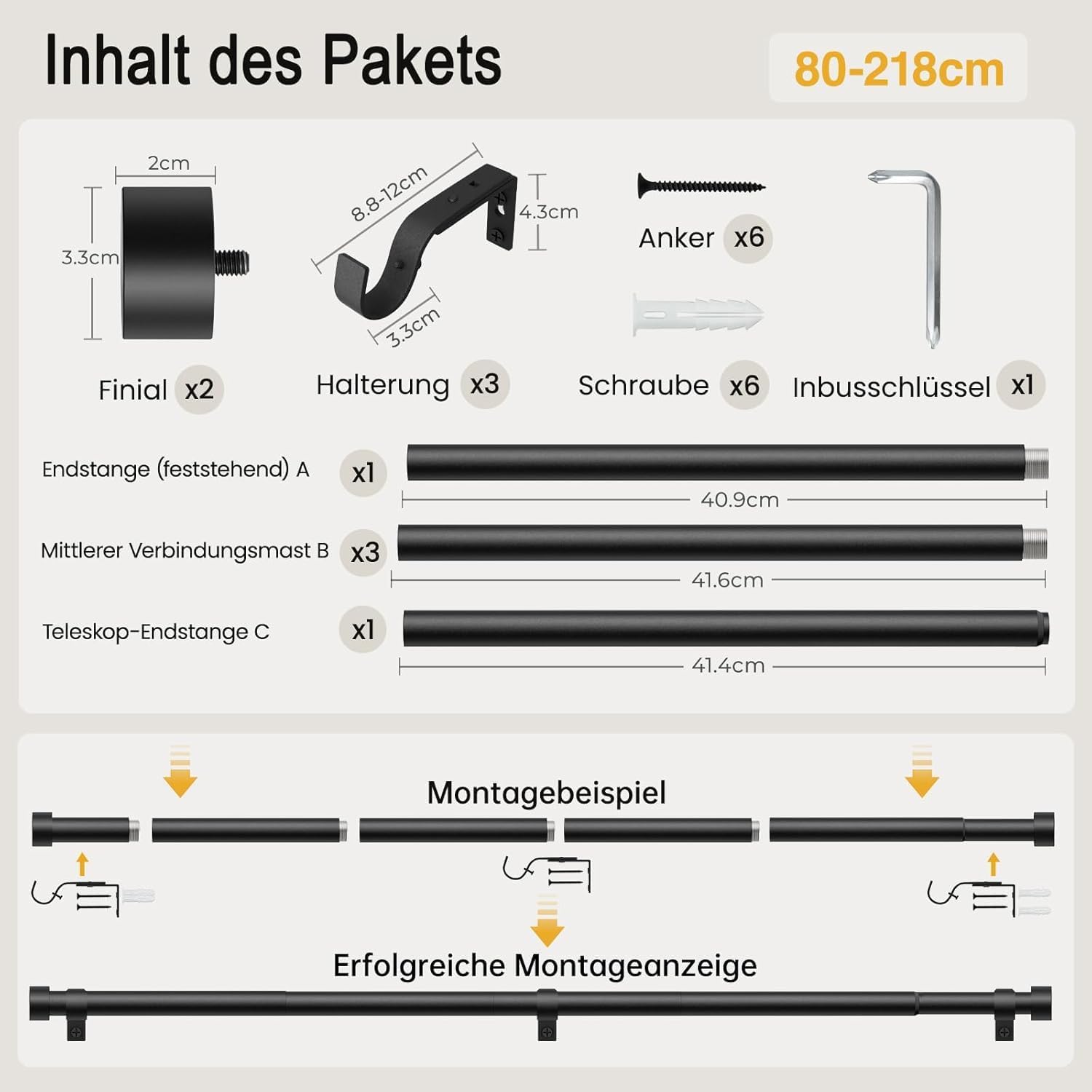 Thumbnail 6 de DEFYNEE Tringle à Rideaux Métallique Extensible 80-218 cm – Ø25 mm, Noir