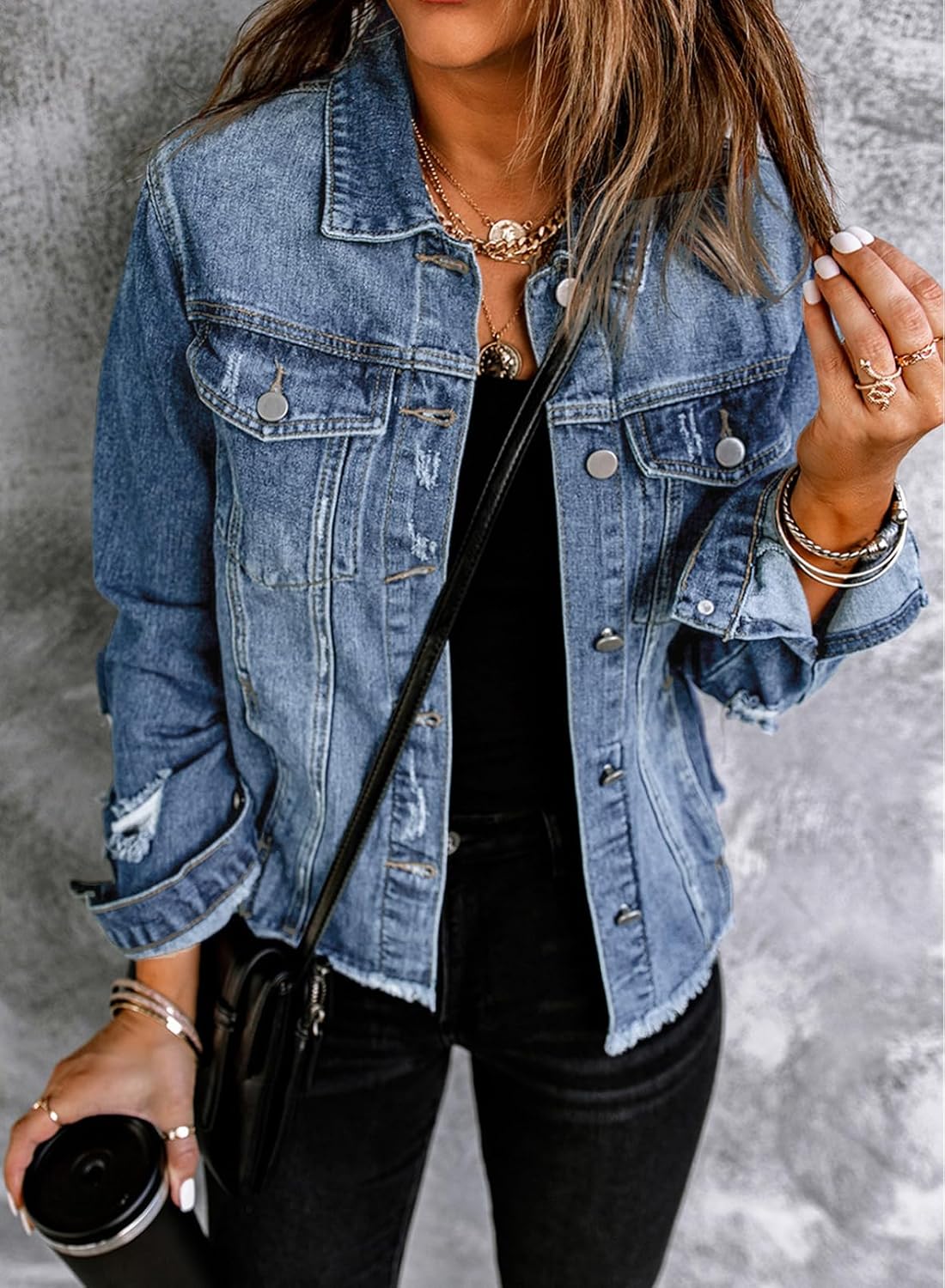 Detalle 2 de EVALESS Womens Boyfriend Washed Crop Denim Jacket