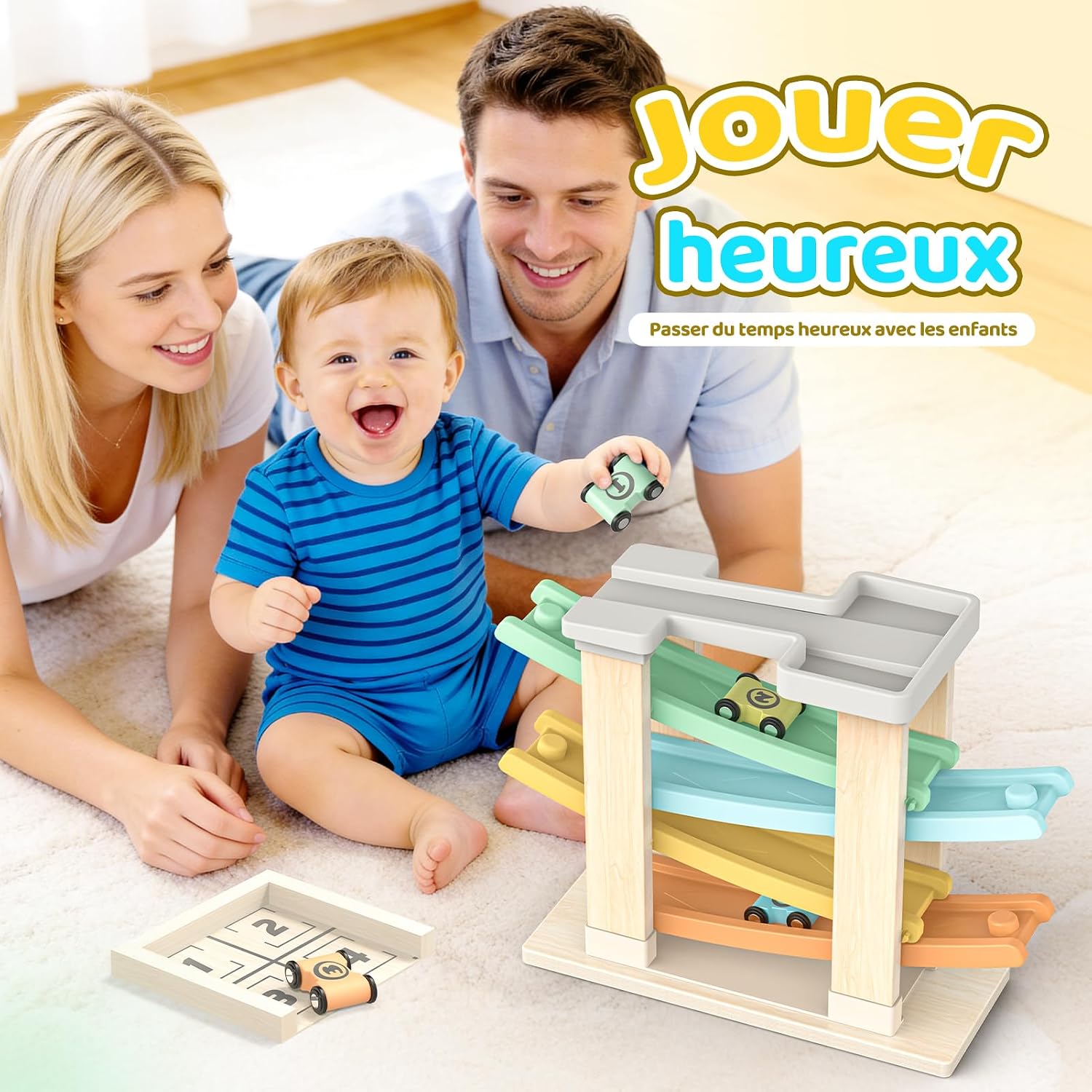 Detalle 2 de Toyzey Jouet Bebe 1 an, Voiture Bebe Jouet en Bois avec 4 Mini Jeux – Montessori et Piste de Voiture