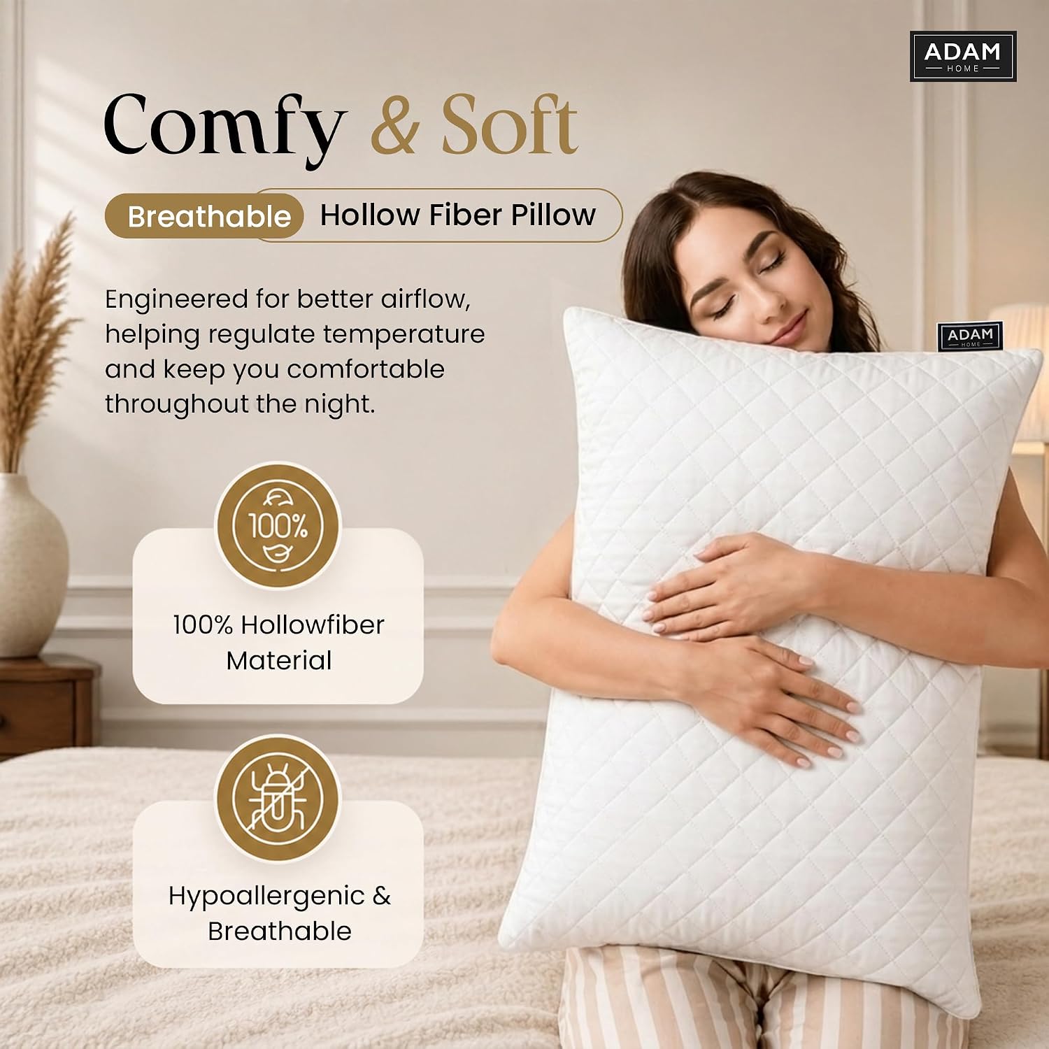 Detalle de Adam Home Pillows 2 Pack – Hotel Quality, Quilted Cover, Hypoallergenic Filling