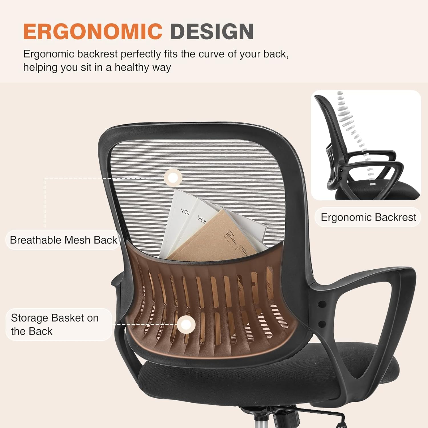 Thumbnail 2 de Sweetcrispy Home Office Managerial Executive Chair with Ergonomic Design – Mid-Back Mesh, 360° Swivel, Lumbar Support, Black
