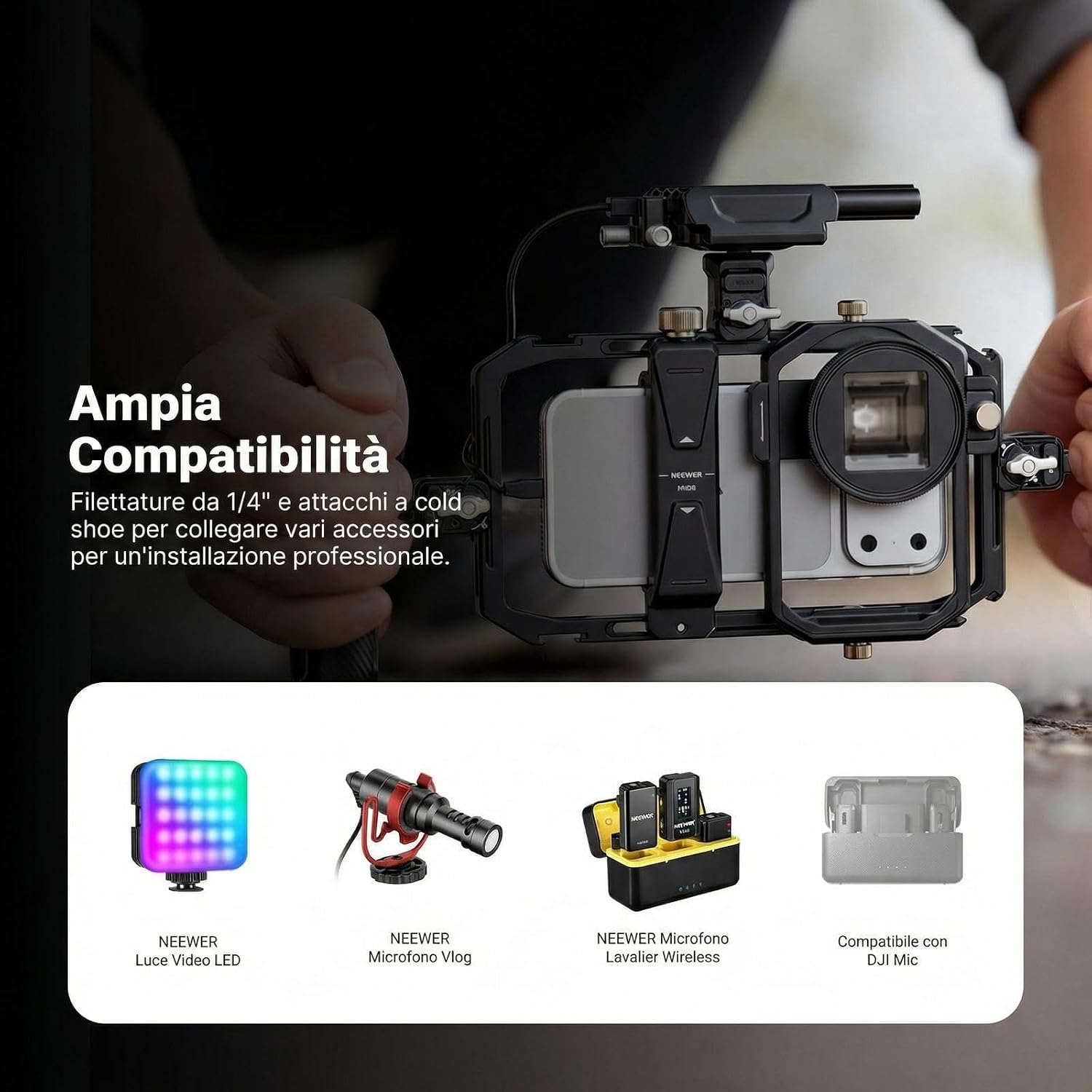 Detalle de NEEWER stabilizzatore universale per gabbia del telefono con anello adattatore filtro (17–37 mm e 67 mm)
