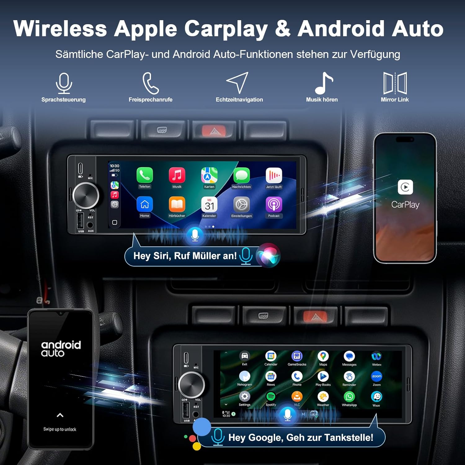 Thumbnail 1 de 1-DIN Bluetooth Autoradio mit 6,9" Touchdisplay, Wireless CarPlay/Android Auto und Rückfahrkamera