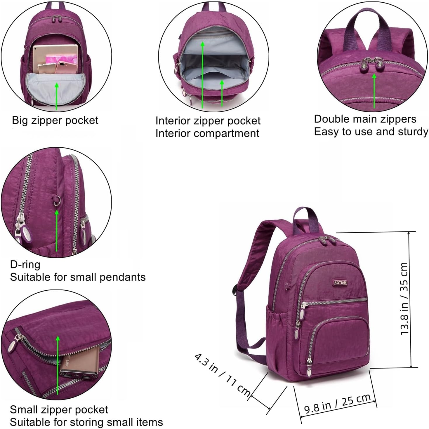 Detalle 2 de AOTIAN Women’s 9L Lightweight Sturdy Nylon Handy Backpack in Purple
