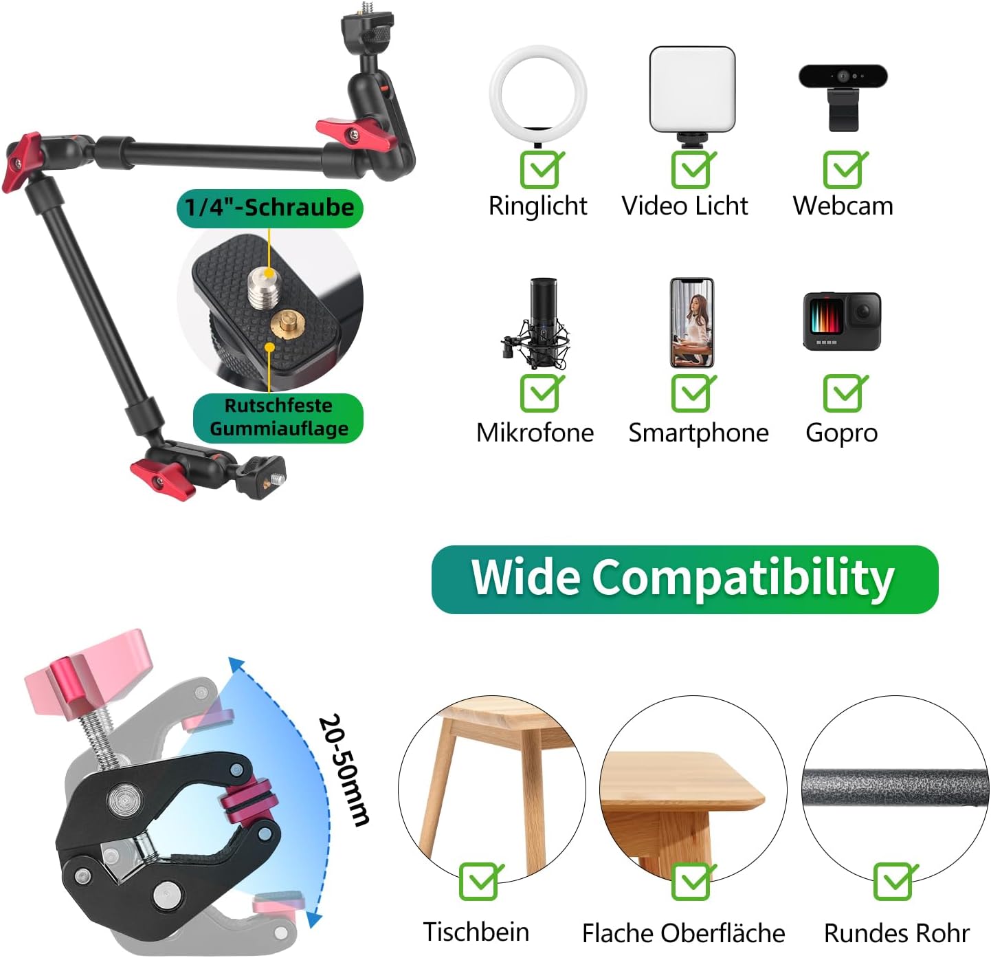 Thumbnail 4 de JEBUTU 56 cm Magic Arm mit Super Clamp, 360° flexibler Tischhalter mit 1/4"-Gewinde – schwarz/rot