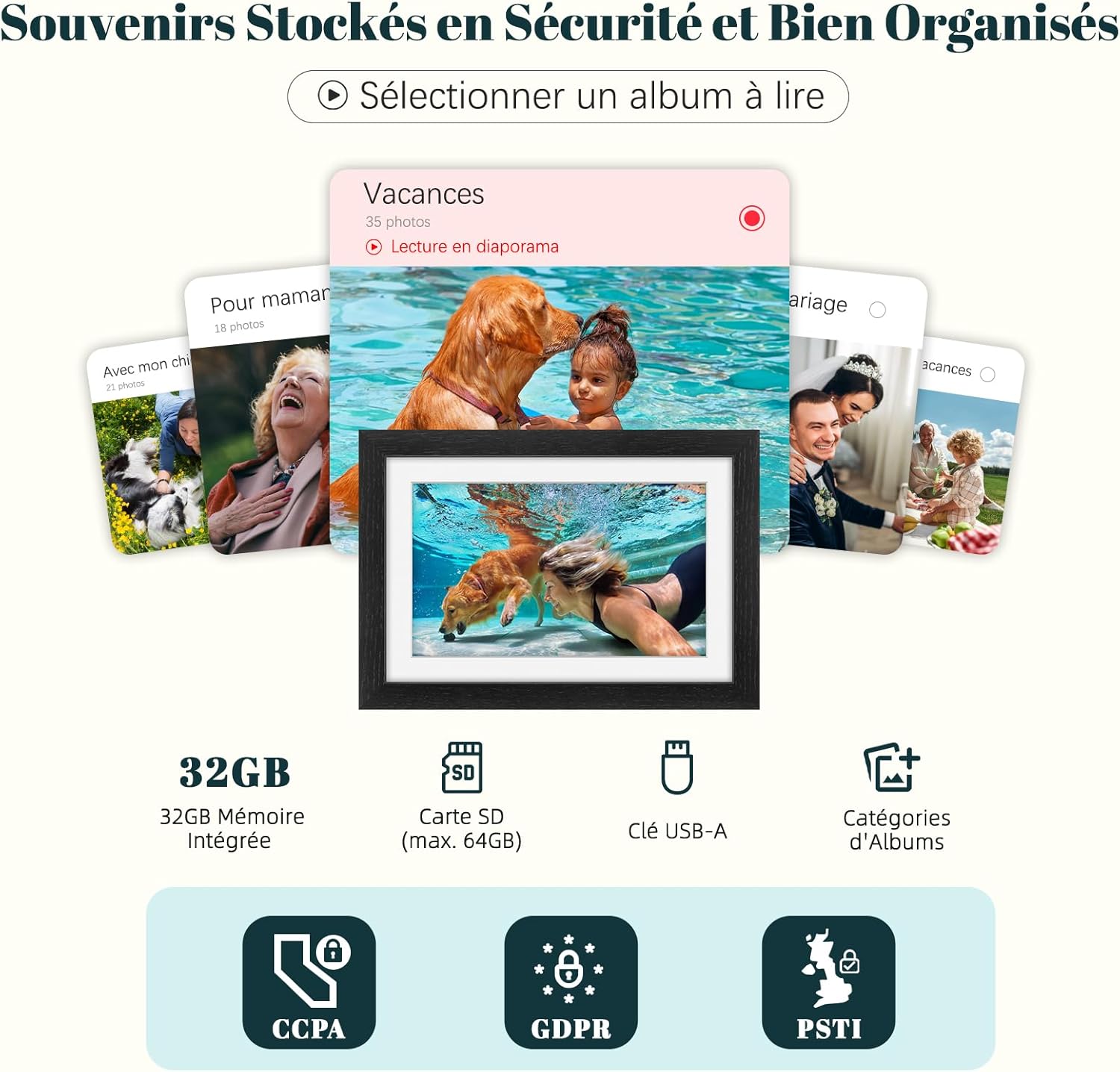 Thumbnail 3 de Frameo Cadre photo numérique WiFi 10,1 pouces en bois de chêne – écran tactile IPS, 32 GB