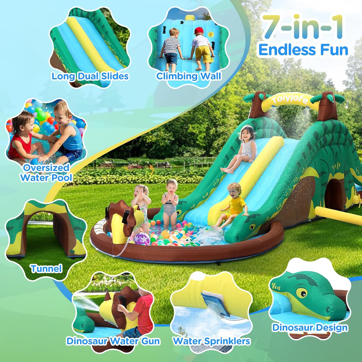 Detalle de Dinosaur Water Slide Bounce House with Dual Slides & Splash Pool — 7-in-1 Backyard Water Park