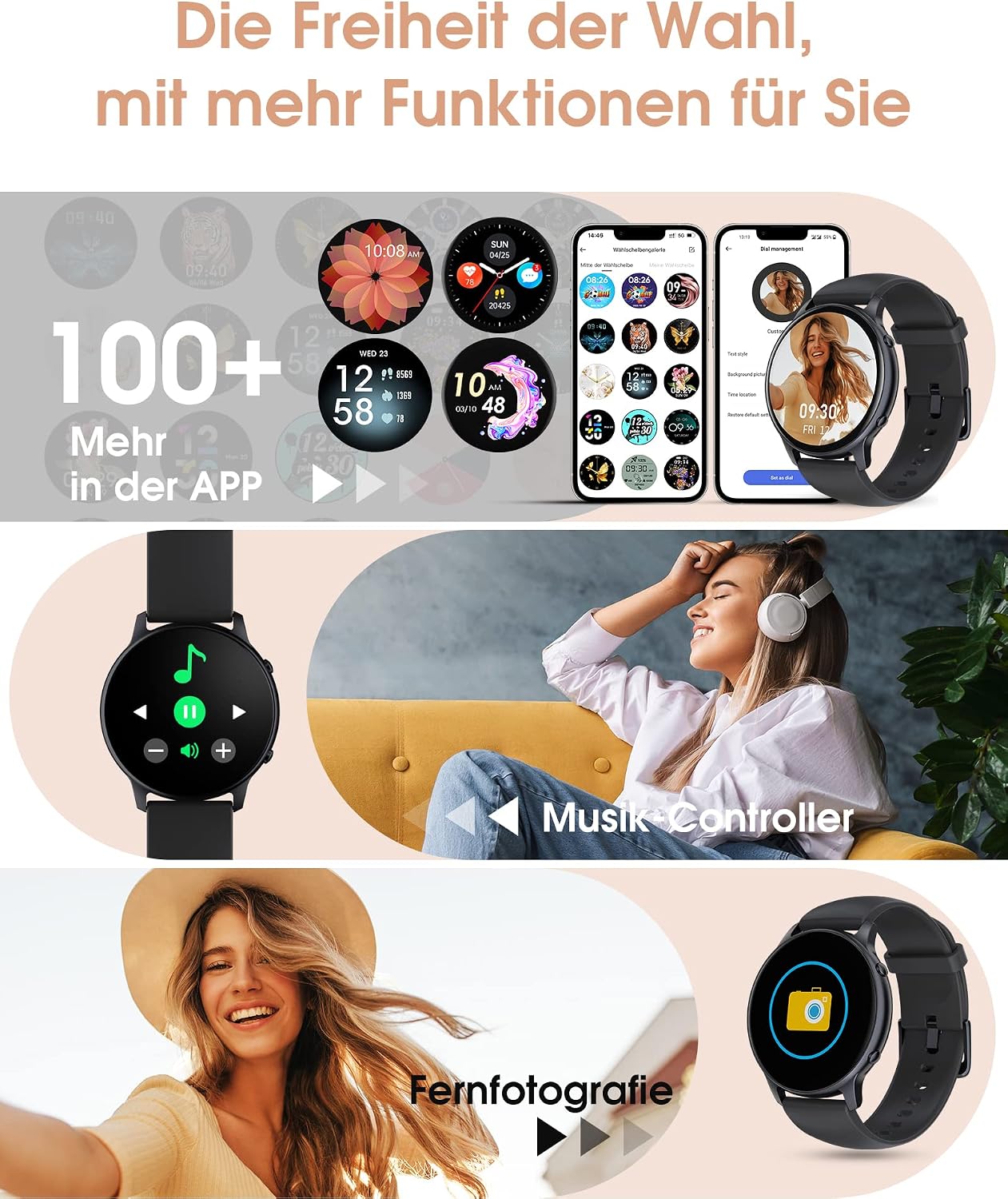Detalle de TUYOMA Smartwatch – 1,3" Touchscreen Fitness Tracker mit Herzfrequenz, SpO₂ und Menstruations-Tracking