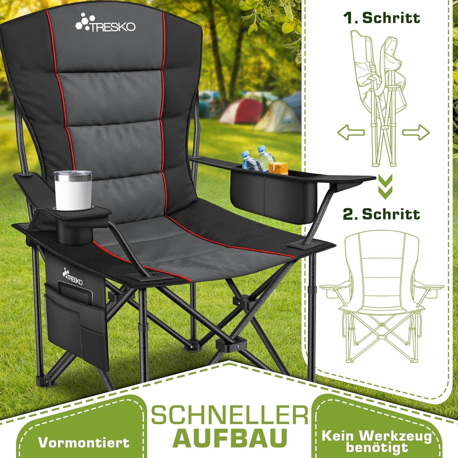 Thumbnail 2 de TRESKO Campingstuhl faltbar bis 200 kg mit Kühlfach, Getränkehalter & Seitentasche (XXL)
