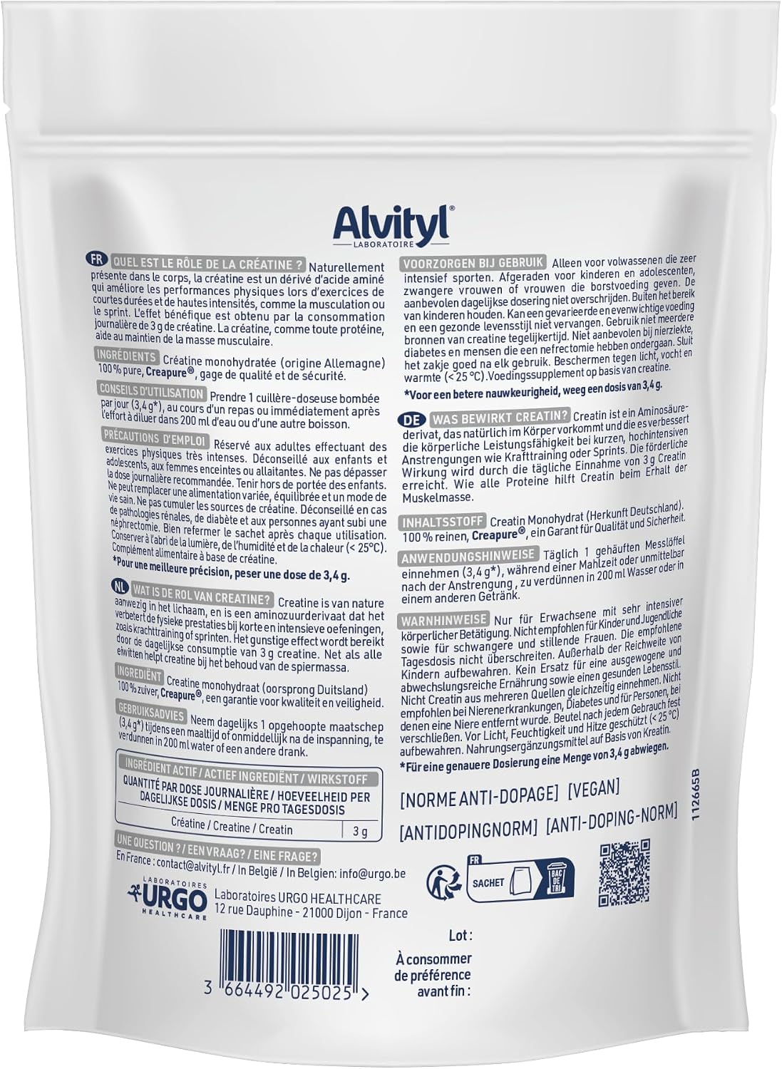 Detalle 2 de Alvityl Créatine Monohydratée Creapure 100% Pure – Poudre 300 g (88 portions)