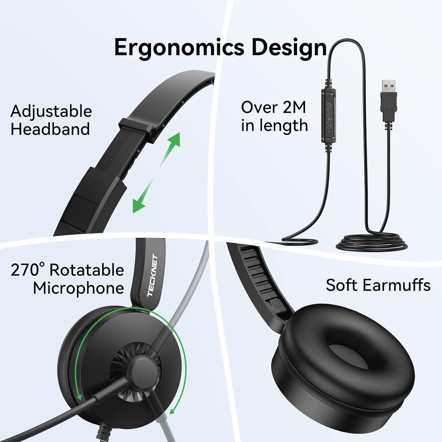 Thumbnail 4 de TECKNET USB Headset with Microphone Noise Cancelling – Plug-and-Play Wired PC Headset