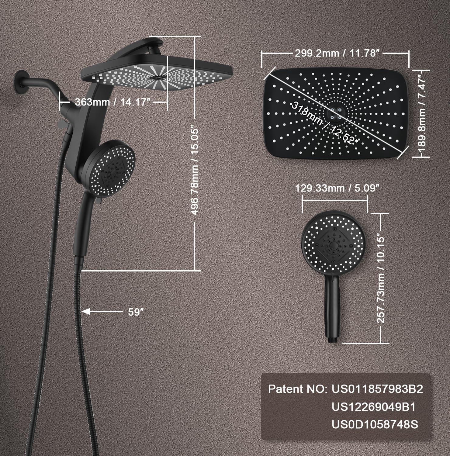 Detalle de BOZYBO Rain Shower Head with Handheld: 12-Inch Rainfall Head + 9-Mode Hand Shower, Magnetic Dock, Power Jets