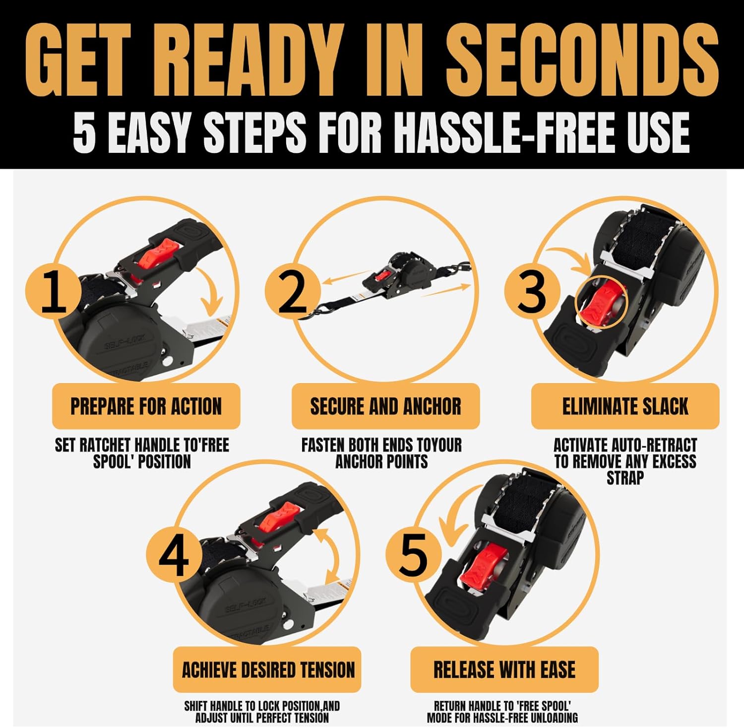 Thumbnail 5 de Renegrip Retractable Ratchet Straps Heavy Duty 1'' x 12ft (4 Pack) — 1760 lb Break Strength