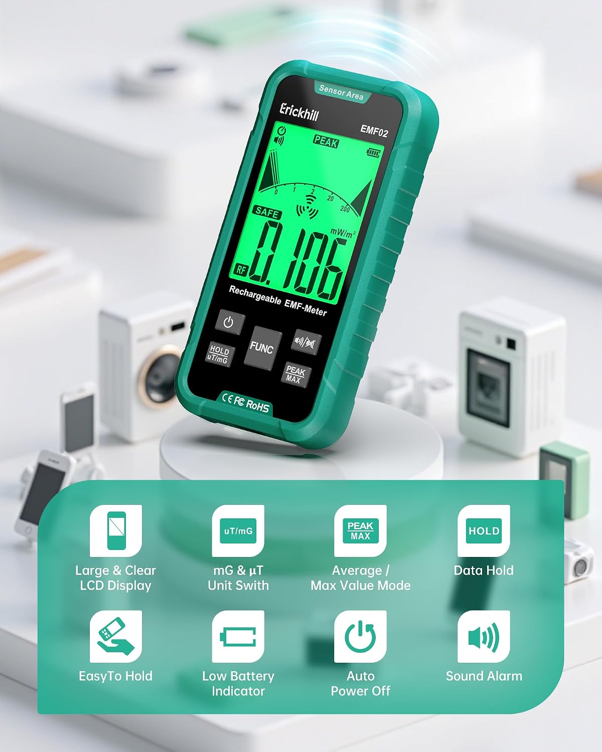Detalle 2 de ERICKHILL EMF Meter: 3-in-1 Portable EMF Reader for EF, MF & RF