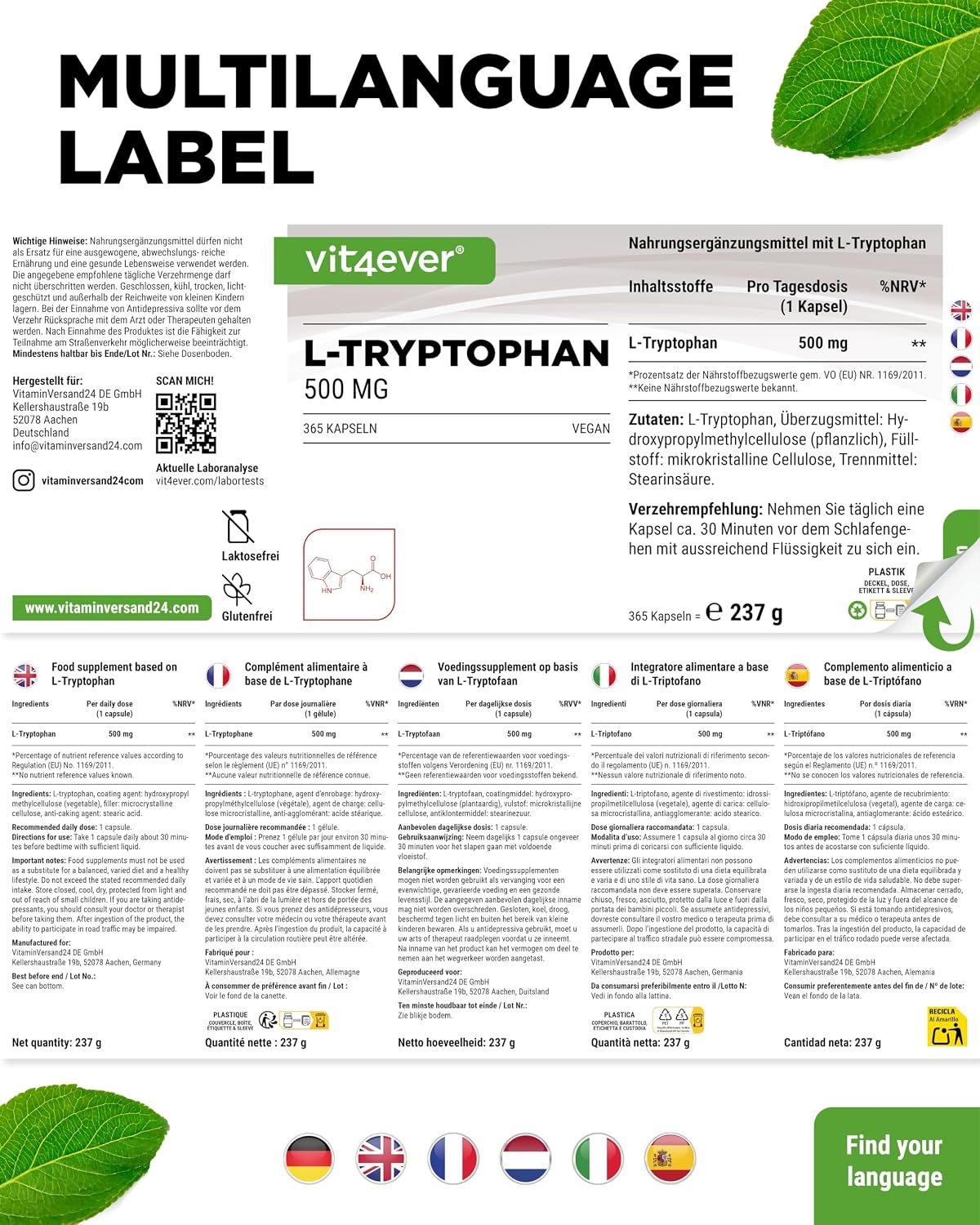 Thumbnail 5 de L-Tryptophan 500 mg 365 Kapseln