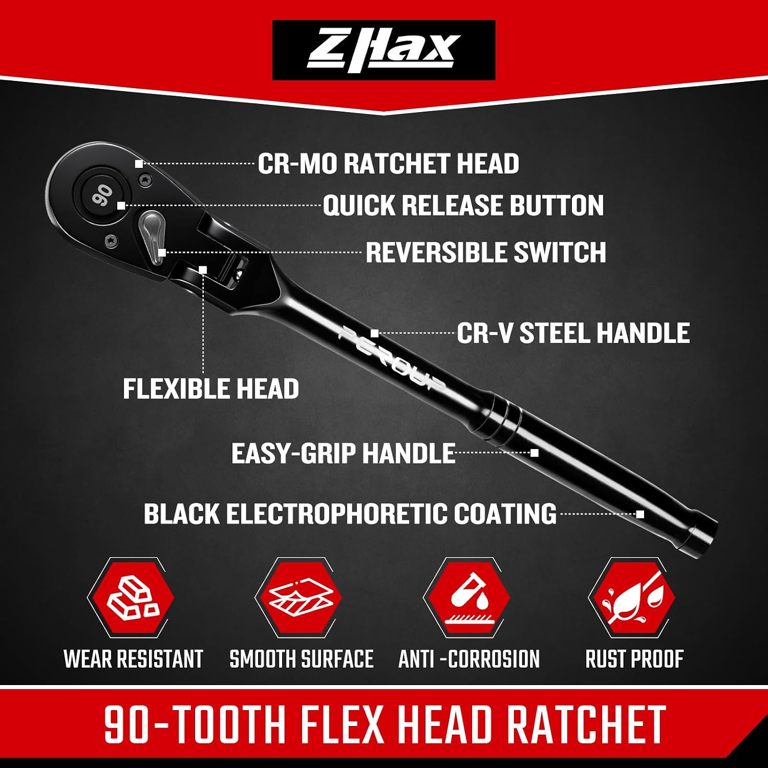 Thumbnail 6 de zhax 3/8" Drive Flex-Head Ratchet, 90-Tooth, 180° Swivel Head