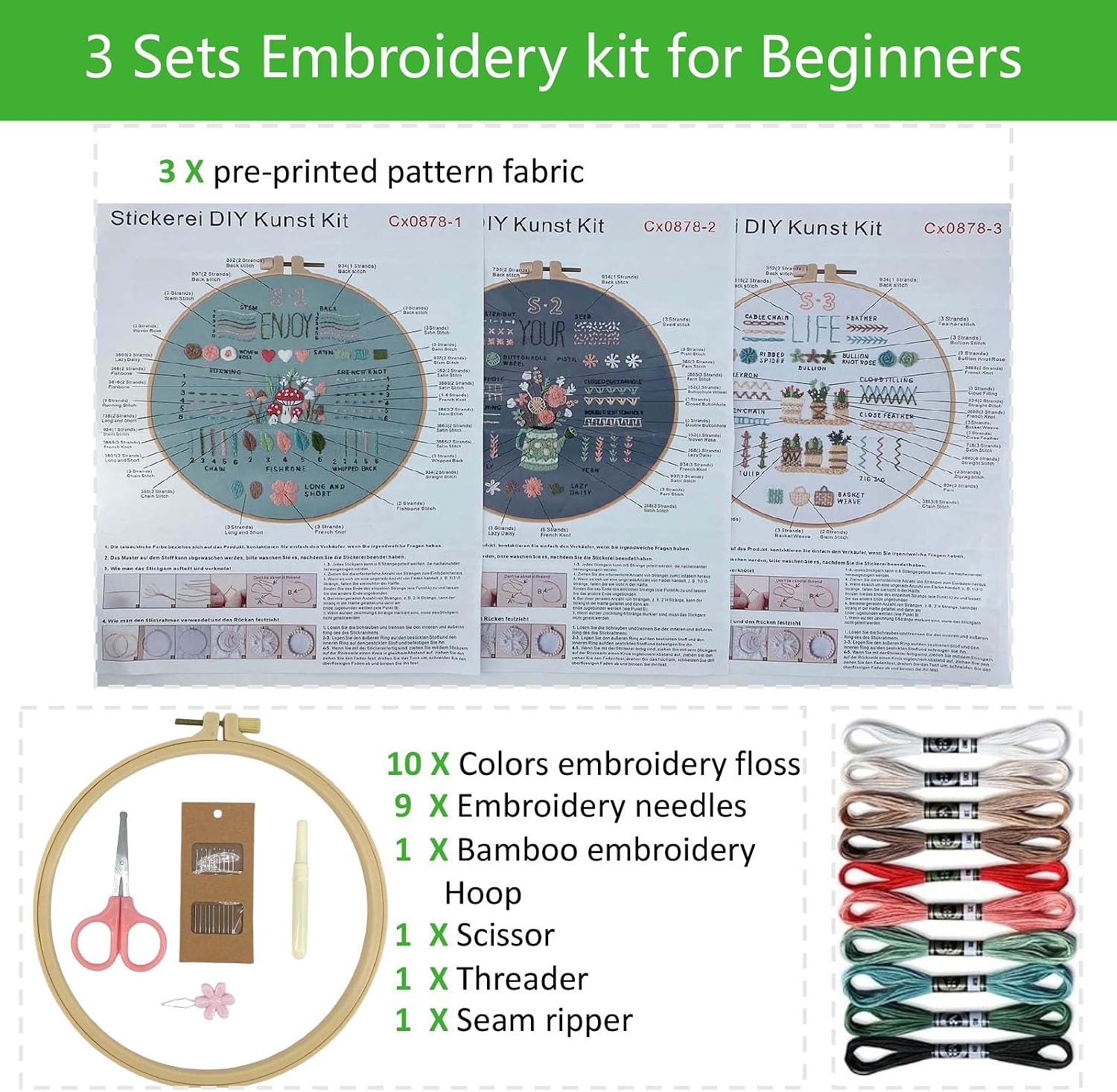Thumbnail 2 de 3 Sets Embroidery Stitch Practice Kit for Beginners – Absolute Starter Kit for All Ages