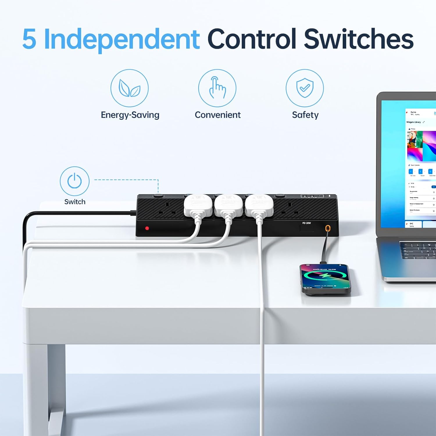 Thumbnail 4 de STGAROT 5-Way Socket Extension Lead with Retractable 80cm USB-C Cable and 2x PD 30W Fast Charging Ports (1.8m, Black)