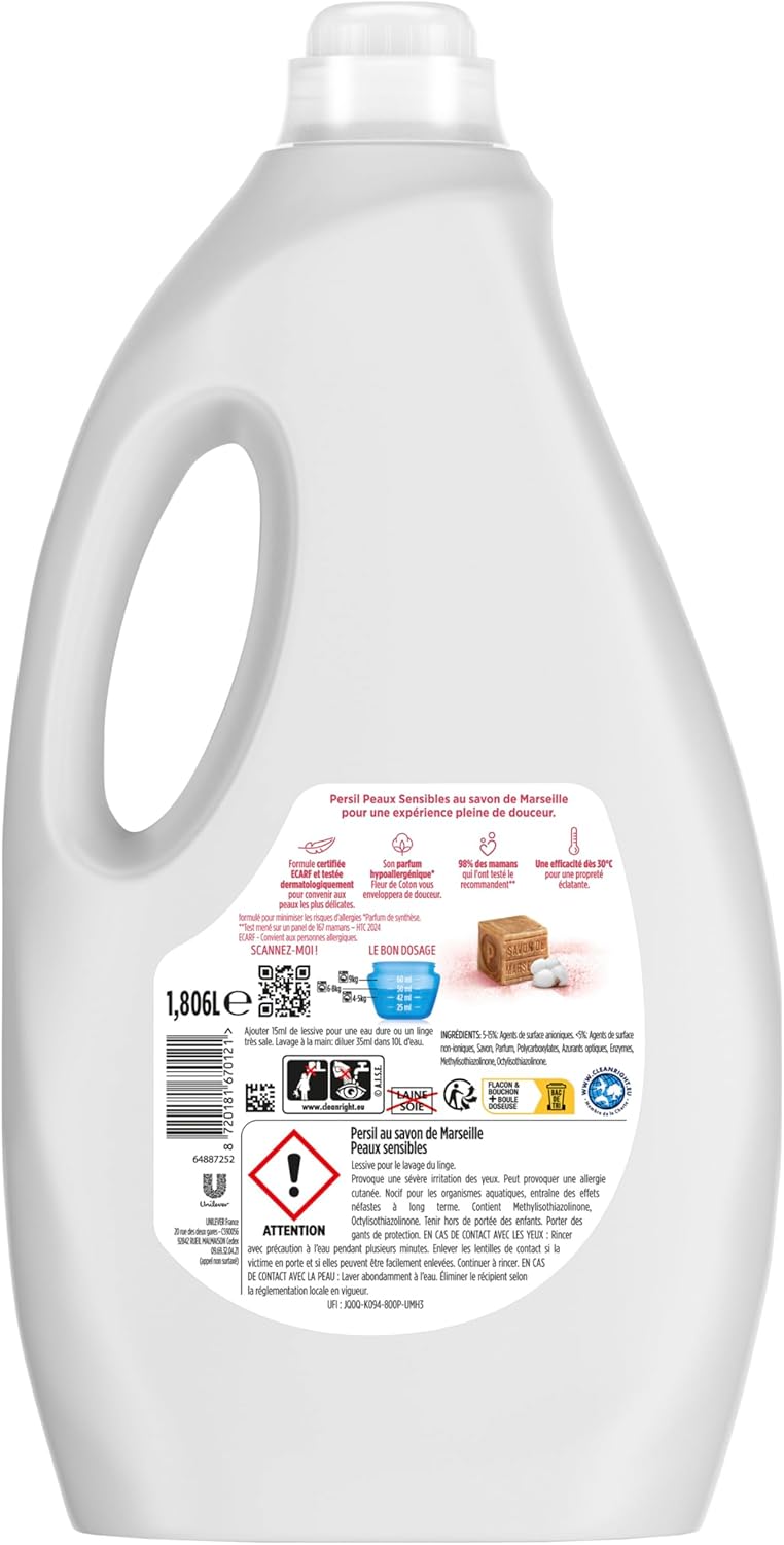 Thumbnail 2 de Persil Lessive Liquide PEAUX Sensibles – Parfum Fleur de Coton, hypoallergénique, testée dermatologiquement et certifiée ECARF (43 lavages)