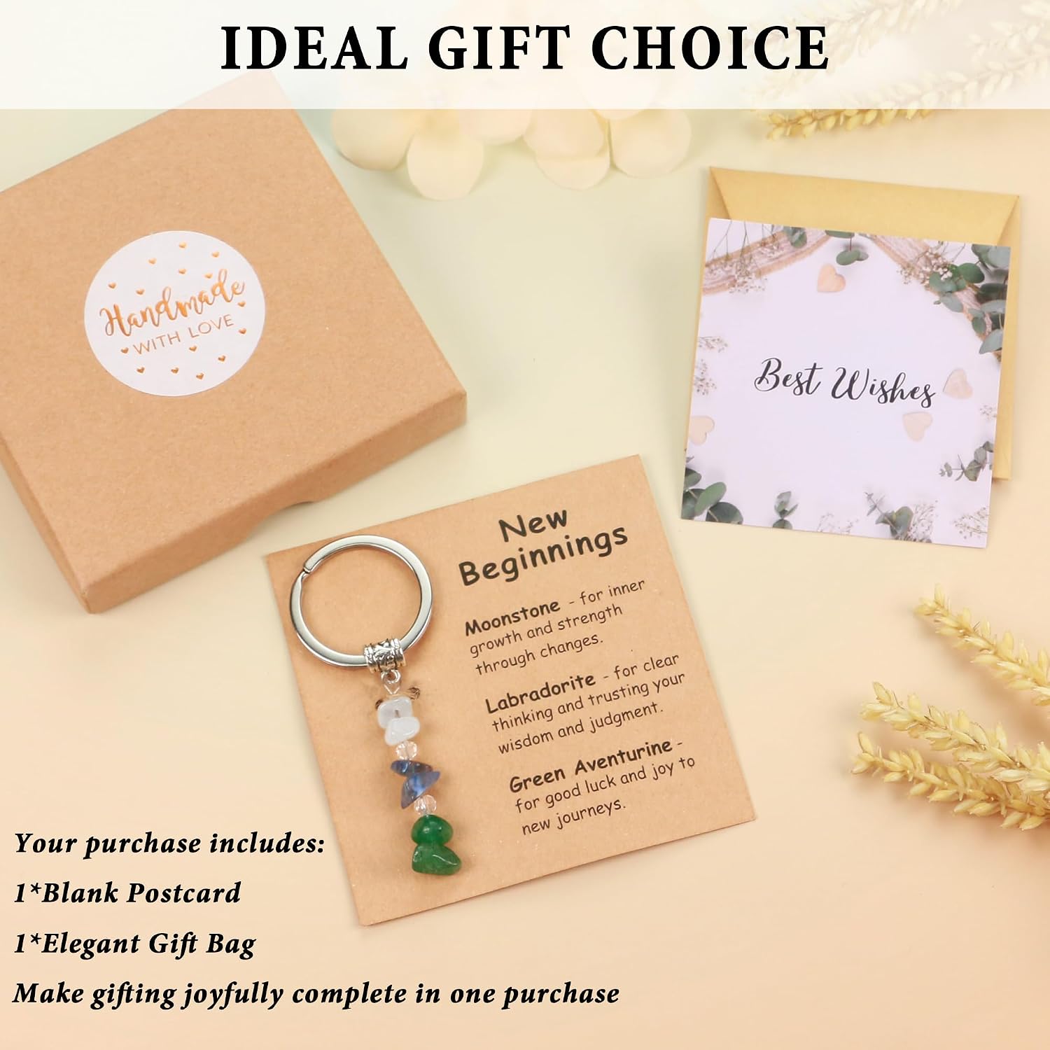 Detalle 2 de Trinckle New Beginnings Nature Crystal Keychain for Women – Moonstone, Labradorite & Green Aventurine