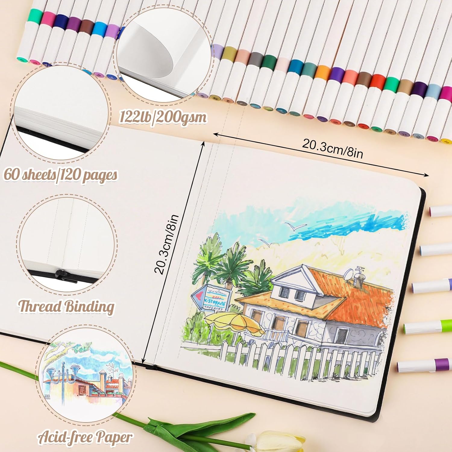 Detalle 2 de Square Sketch Book Hardback (20 x 20 cm) with 200GSM Thick Paper – 60 Sheets / 120 Pages
