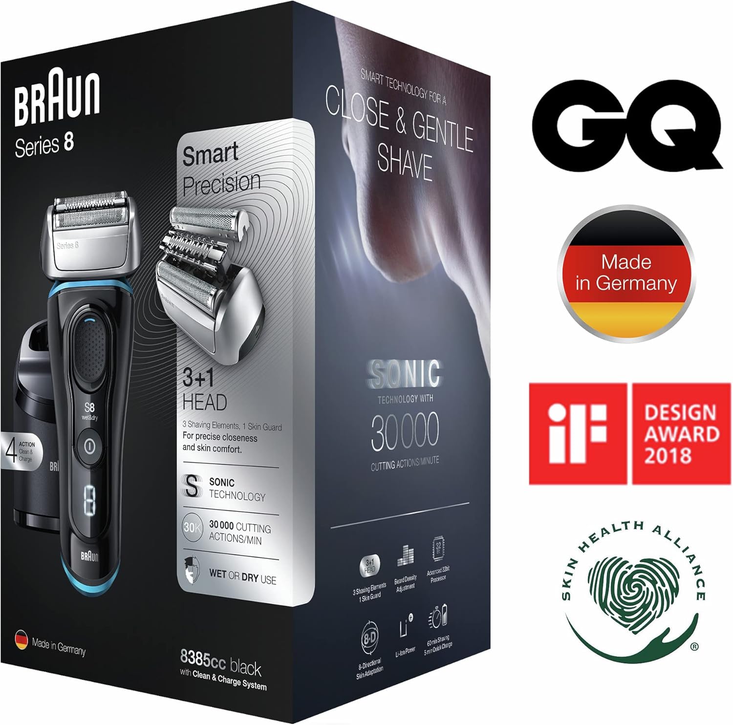 Detalle 1 de Braun Series 8 8385cc Rasoio Elettrico Barba – Lavaggio Wet&Dry, Ricaricabile, Nero, Custodia Viaggio e Base di Ricarica in Tessuto