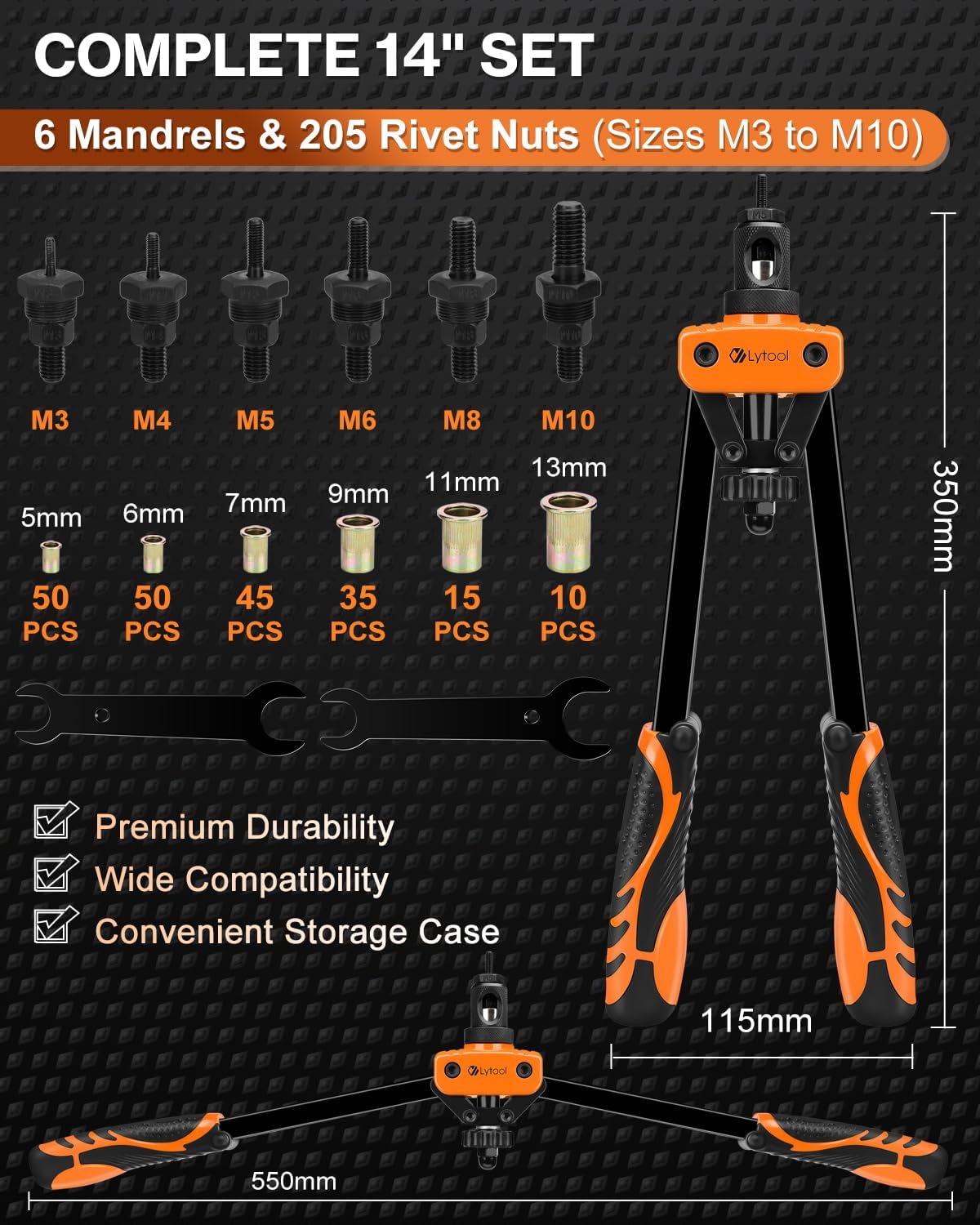 Detalle de Lytool Rivnut Tool Kit 13" – Hand Rivet Nut Setter with 70 Rivet Nuts (M3 to M12) & 7 Mandrels