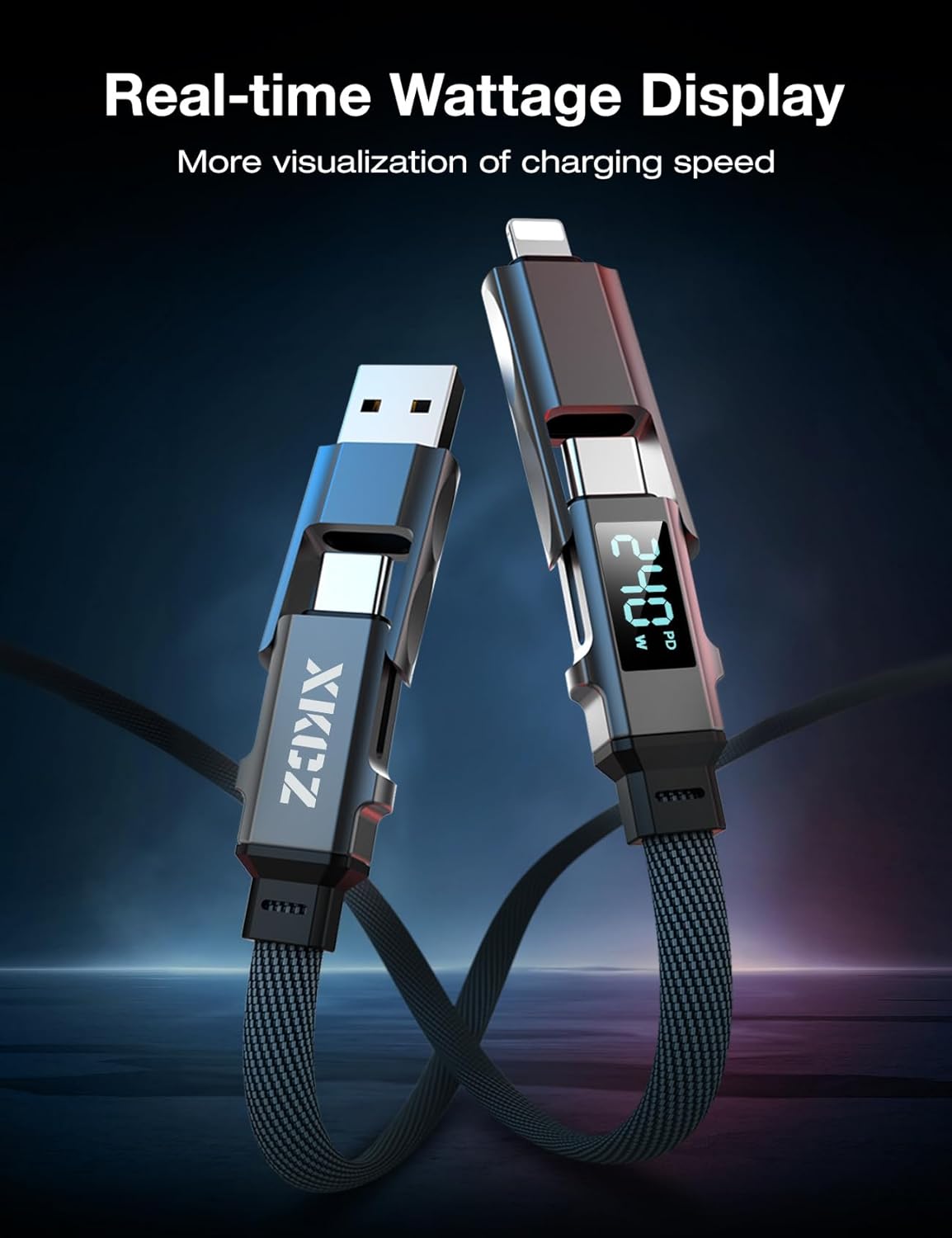 Thumbnail 2 de XKCZ 4-in-1 USB-C Cable with Wattage Display (240W) — 3ft Flat Nylon Braided Multi-Charge Cord