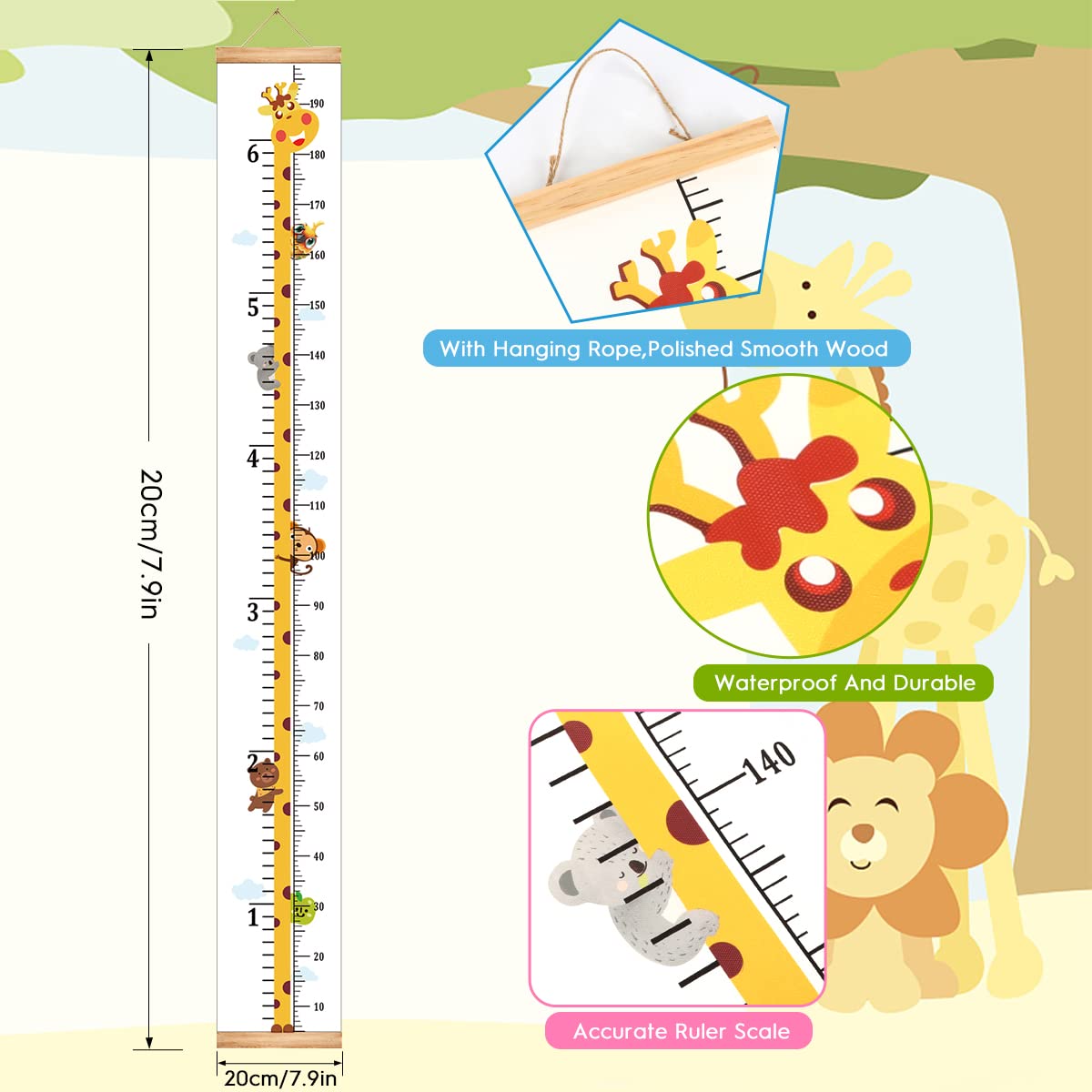 Detalle de MIBOTE Giraffe Growth Height Chart for Kids, Removable 79" x 7.9" Canvas