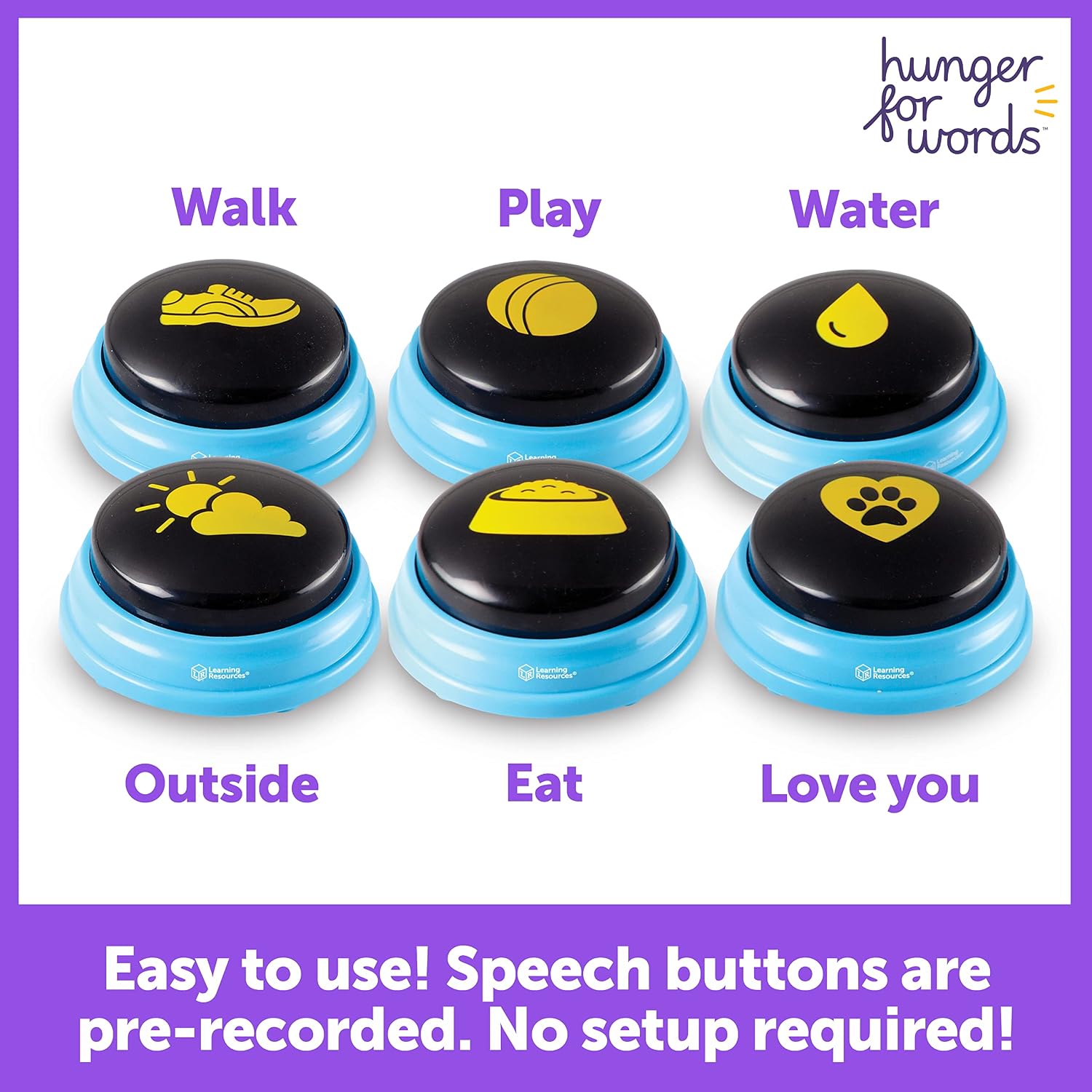 Detalle de Hunger for Words Talking Pet Essential Words - 6 Piece Set Pre-Recorded Speech Buttons for Dogs