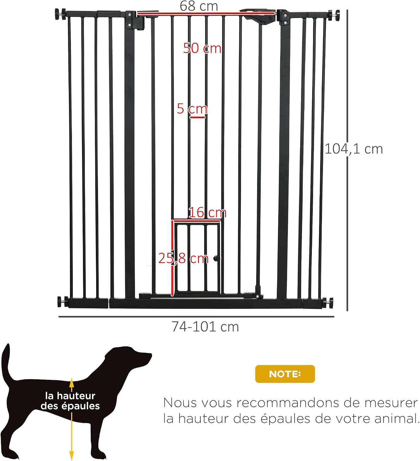 Detalle de PawHut D06-124V01BK veiligheidshek van staal, 104,1 cm hoog, met kattendeur