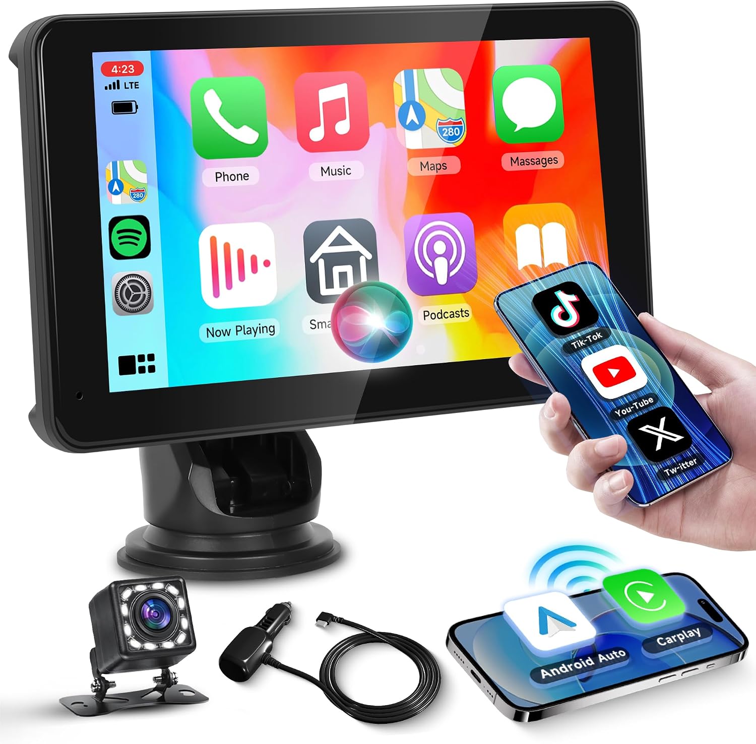Detalle de Rimoody 7 Inch Portable Car Stereo with Wireless CarPlay, Android Auto and Backup Camera