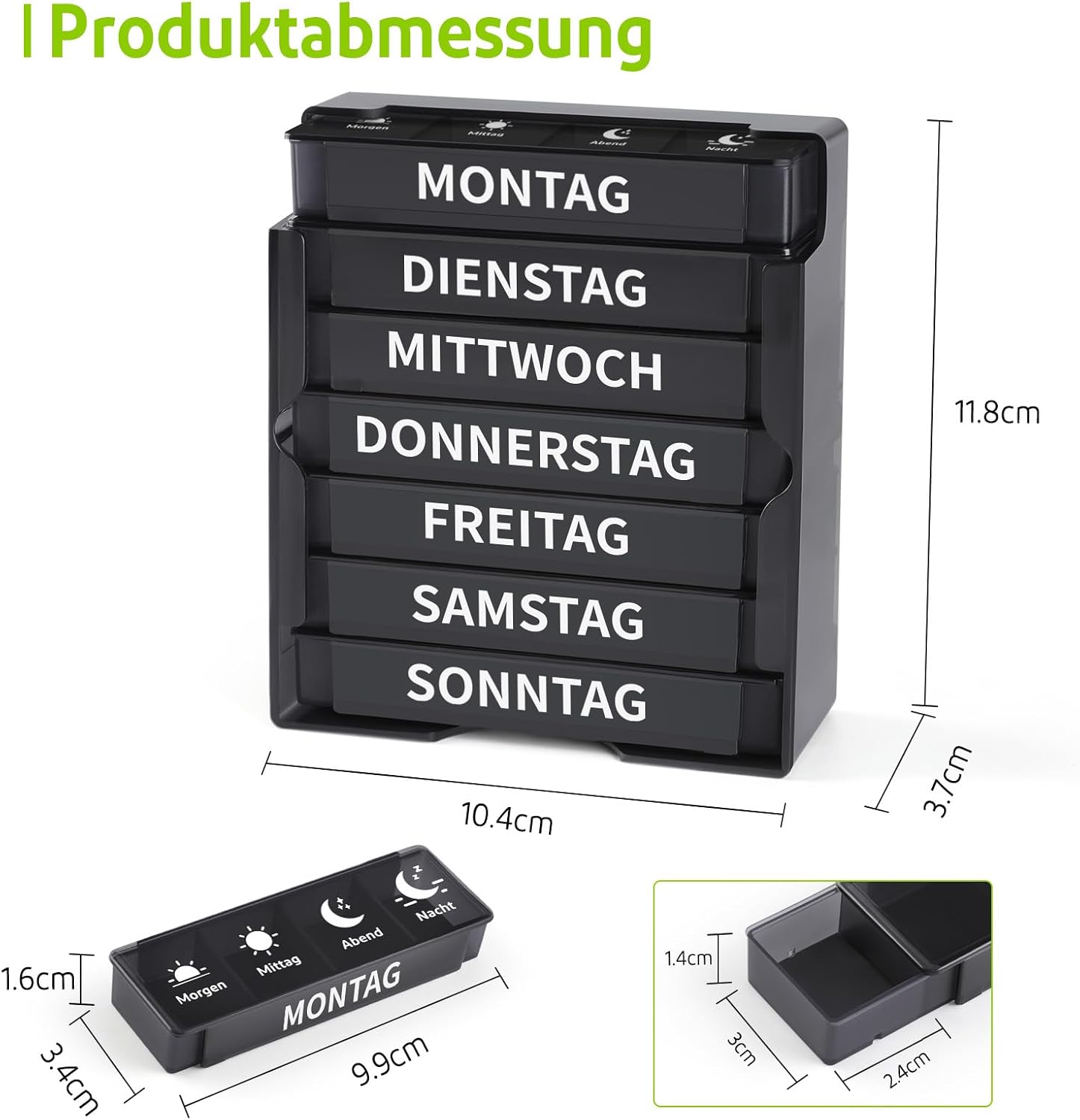 Detalle de Opret Tablettenbox 7 Tage Morgens Mittags Abends Nachts – Vier Fächer, schiebbares Design, BPA-frei