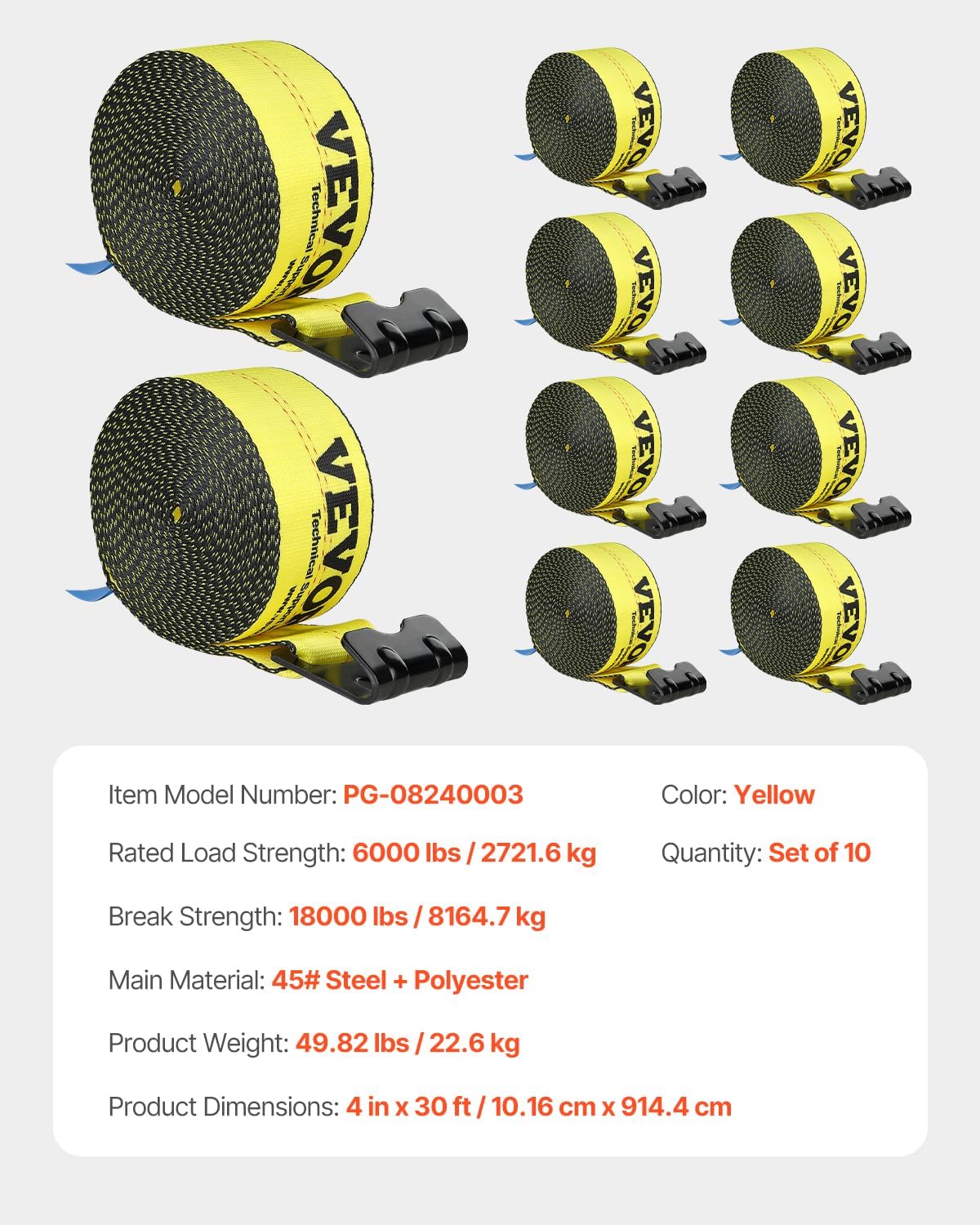 Thumbnail 6 de VEVOR Sangle de Treuil – Lot de 10, 10,2 cm x 9,1 m, Capacité de Charge 2,7 T, Rupture 8,2 T, Jaune