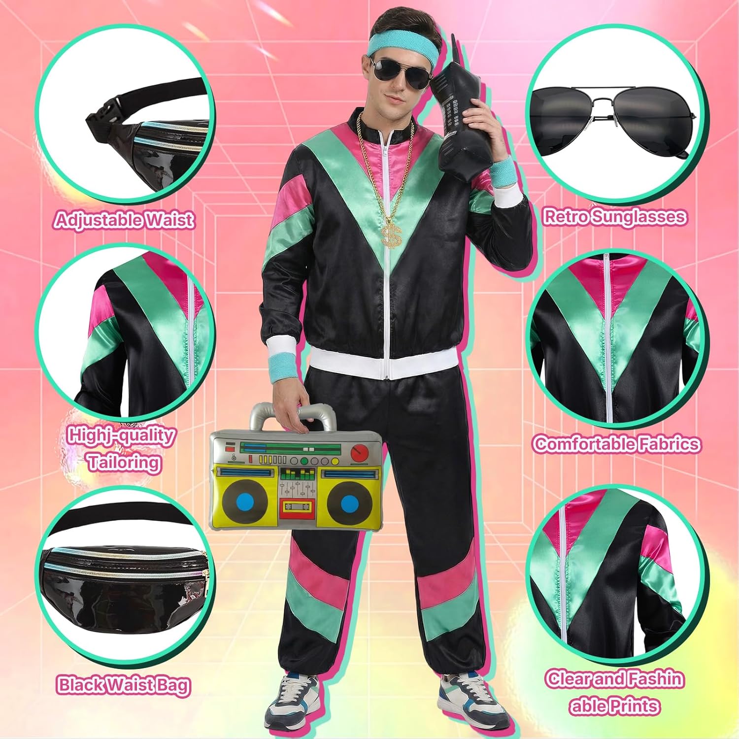 Thumbnail 3 de Xerteam 80s/90s Fancy Dress Men Set with Accessories – Retro tracksuit style outfit