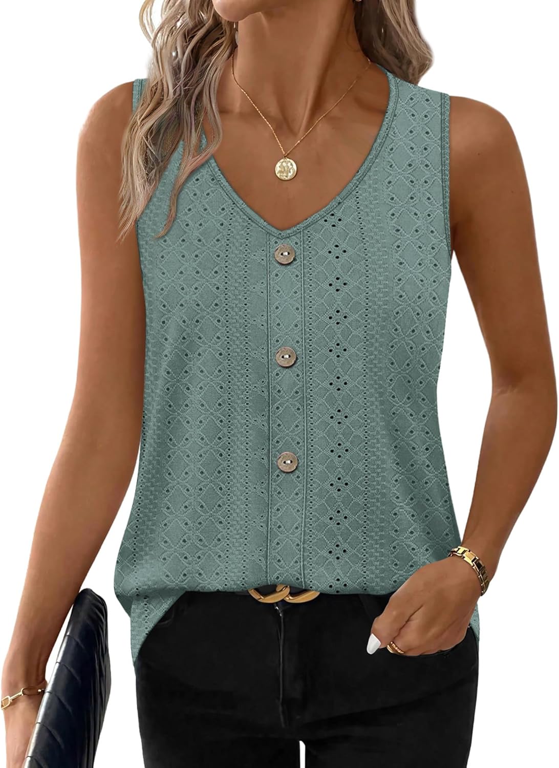 Detalle de WIHOLL Women's Eyelet V-Neck Tank Top - Loose, Casual, Summer