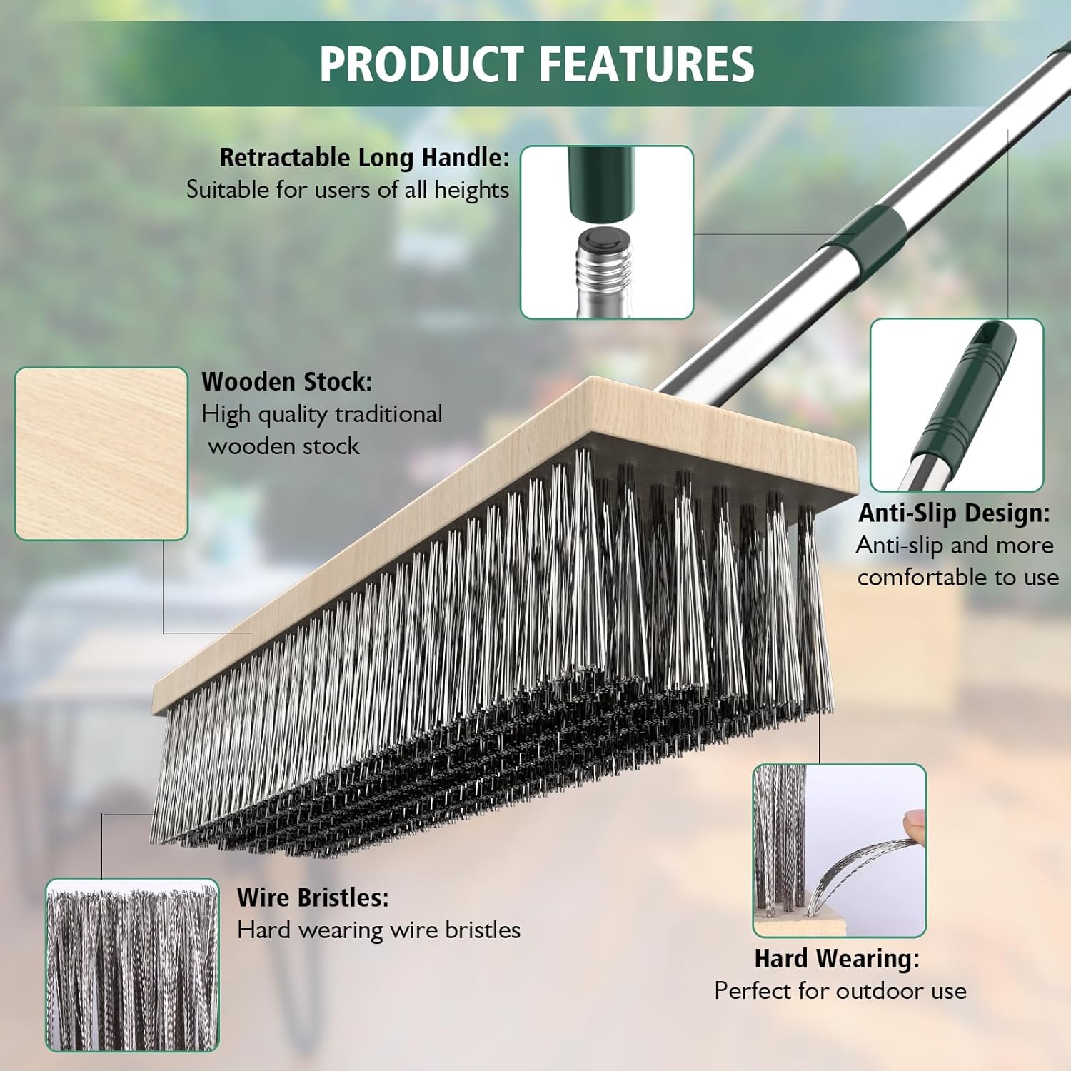Detalle de Heavy-duty yard brush with retractable 60-inch handle and 11.8-inch wire head for outdoor cleaning