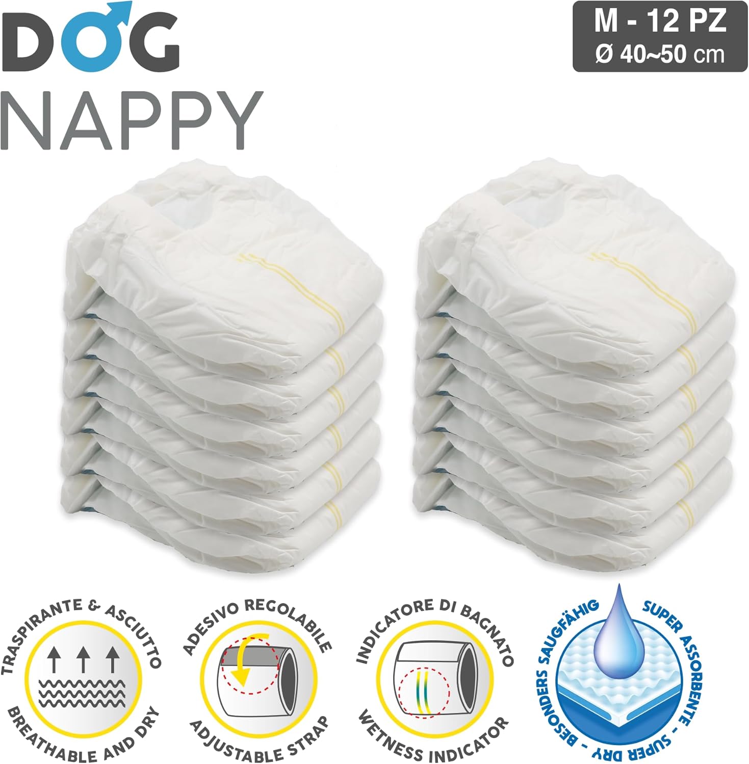 Detalle de Croci Dog Nappy – Fascia assorbente per cani maschi taglia M (Ø 40–50 cm), usa e getta, 12 pz