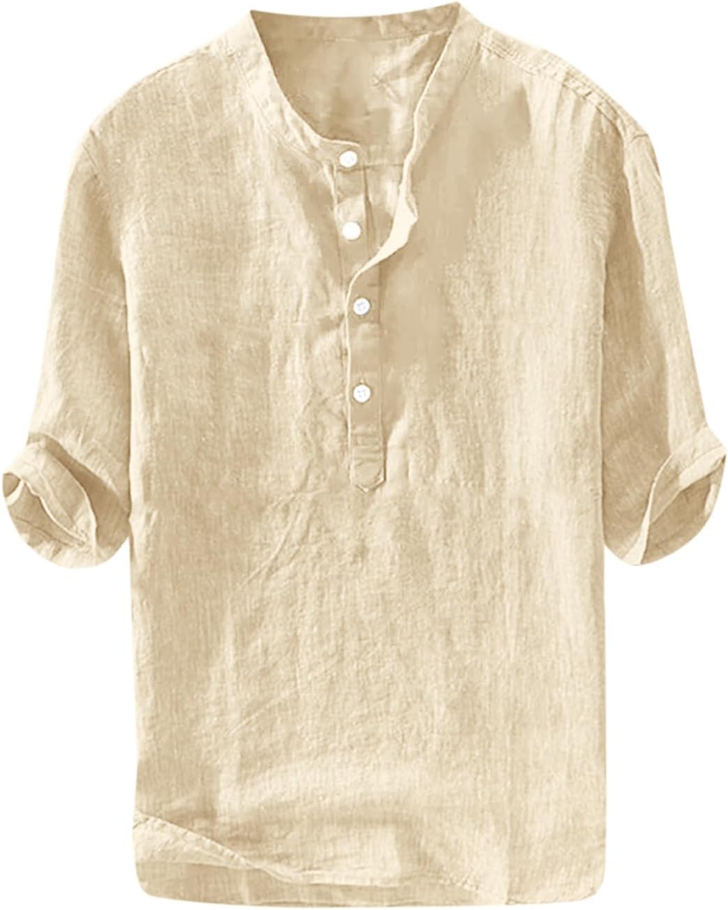 Detalle de Ryannology Men's Linen Shirt – Casual Cotton 3/4 Sleeve Henley, Regular-Fit